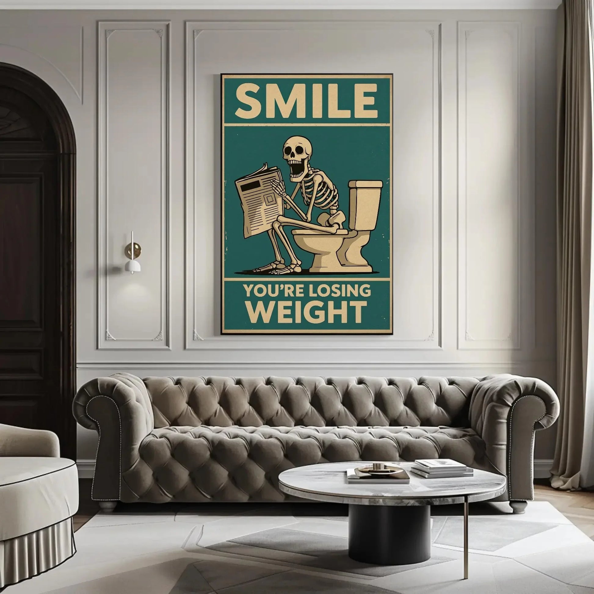 Skeleton Reading Newspaper Canvas Print, Extra Large Funny “You’re Losing Weight” Wall Art, Humorous Bathroom or Office Decor Quirky Spaces Wall Art – Canvas Print