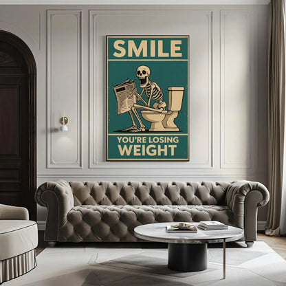 Skeleton Reading Newspaper Canvas Print, Extra Large Funny “You’re Losing Weight” Wall Art, Humorous Bathroom or Office Decor Quirky Spaces Wall Art – Canvas Print