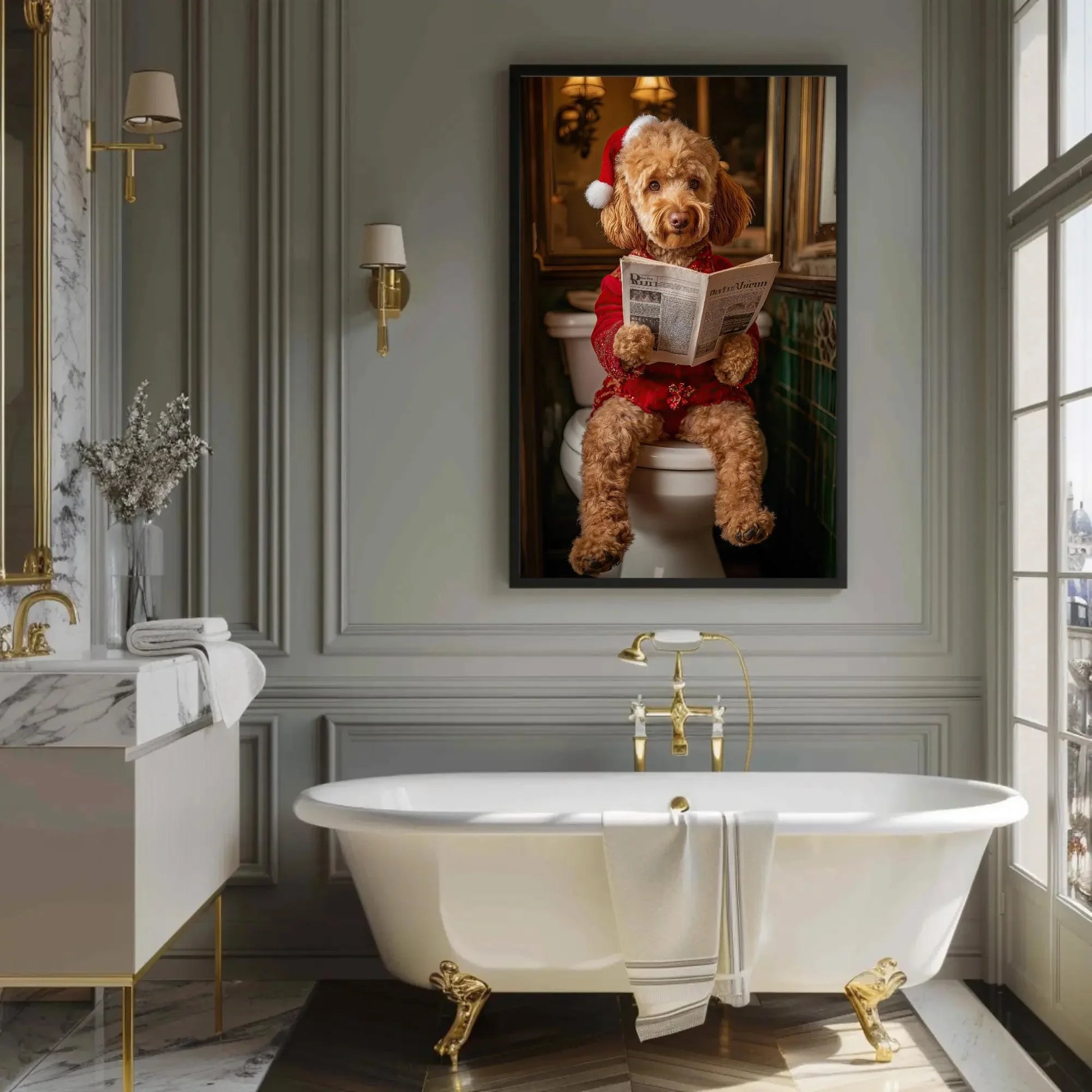 Goldendoodle in Santa Hat Reading Newspaper Canvas Print, Christmas Dog Bathroom Art, Funny Holiday Decor, Whimsical Dog Wall Art Wall Art – Canvas Print