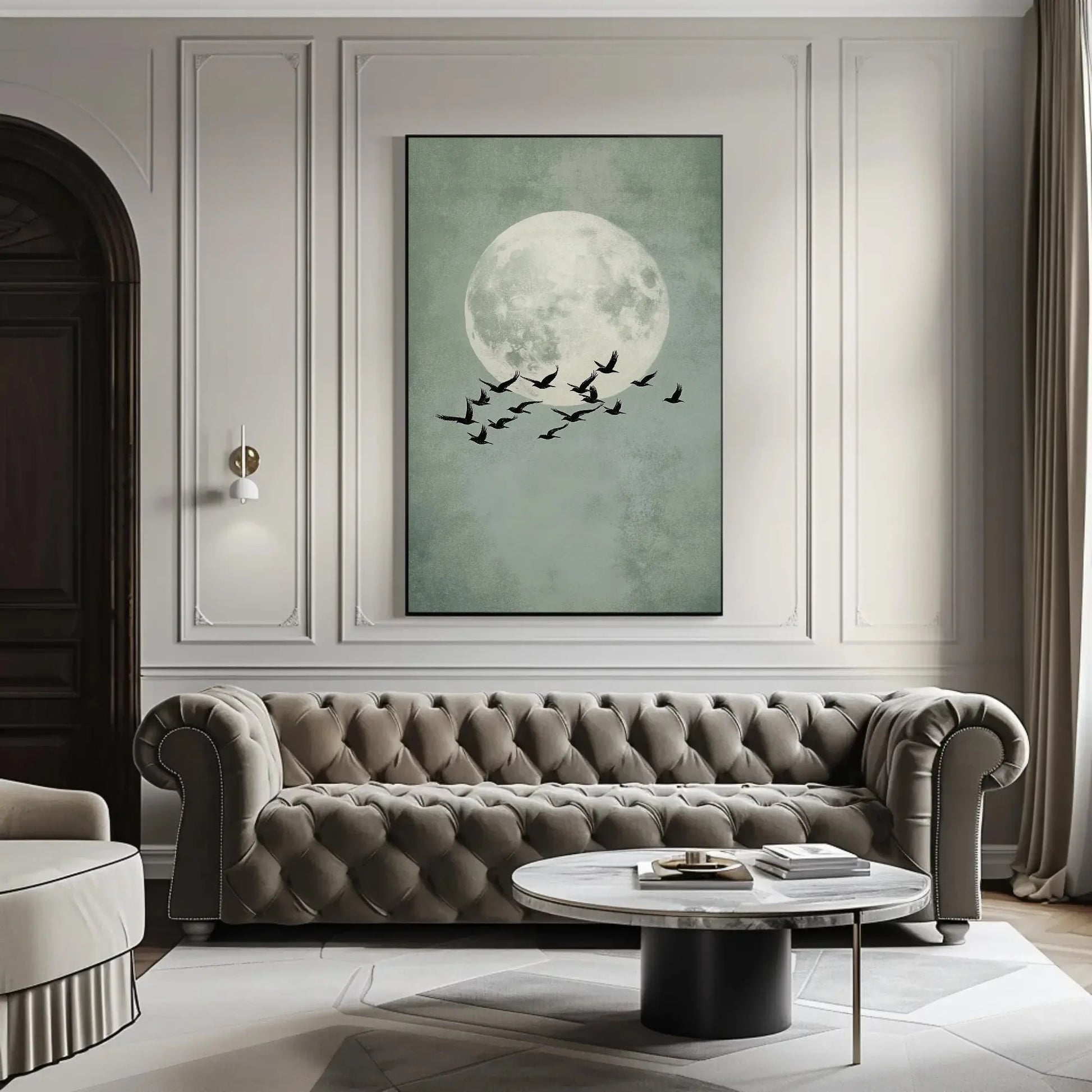 Sage Green Japandi Sun and Birds Canvas Print, Large, Abstract Wall Art, Minimalist Nature Decor for Bedroom, Office, or Zen Living Space Wall Art – Canvas Print
