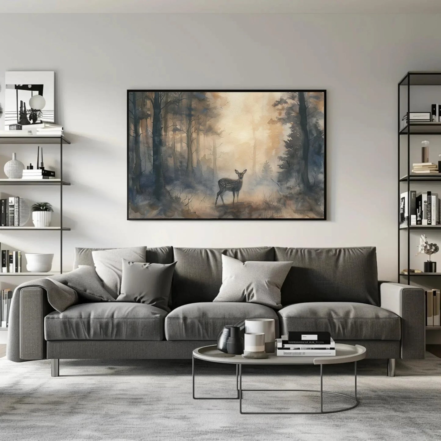 Deer in Misty Pine Forest Canvas Print - Extra Large Watercolor Woodland Painting - Serene Nature Wall Art for Cabin, Lodge, or Rustic Home Wall Art – Canvas Print