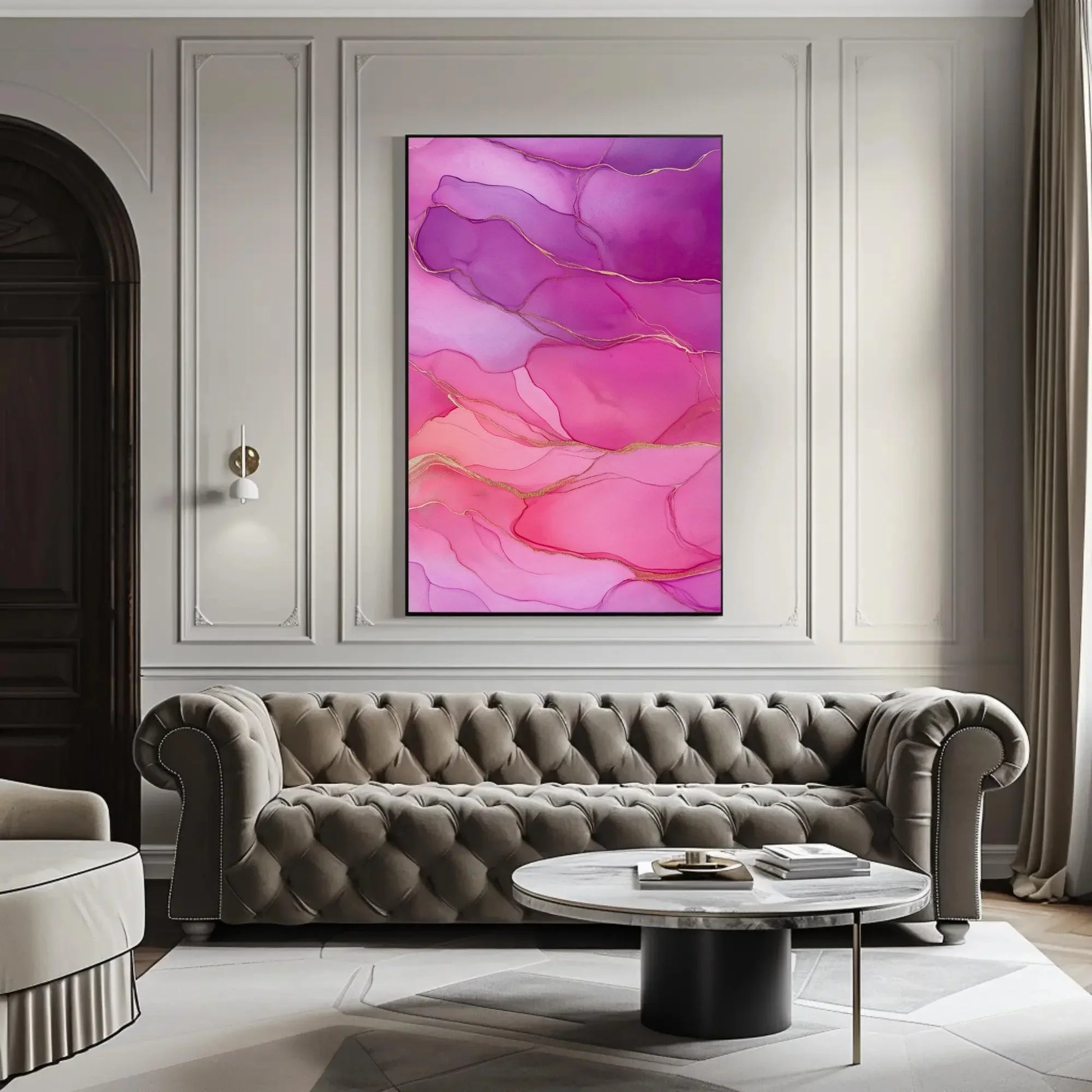 Luxury Abstract Ink Canvas Print, Extra Large Pink and Purple Wall Art with Gold Details, Glam Home Decor for Bedroom, Entryway, or Salon Wall Art – Canvas Print