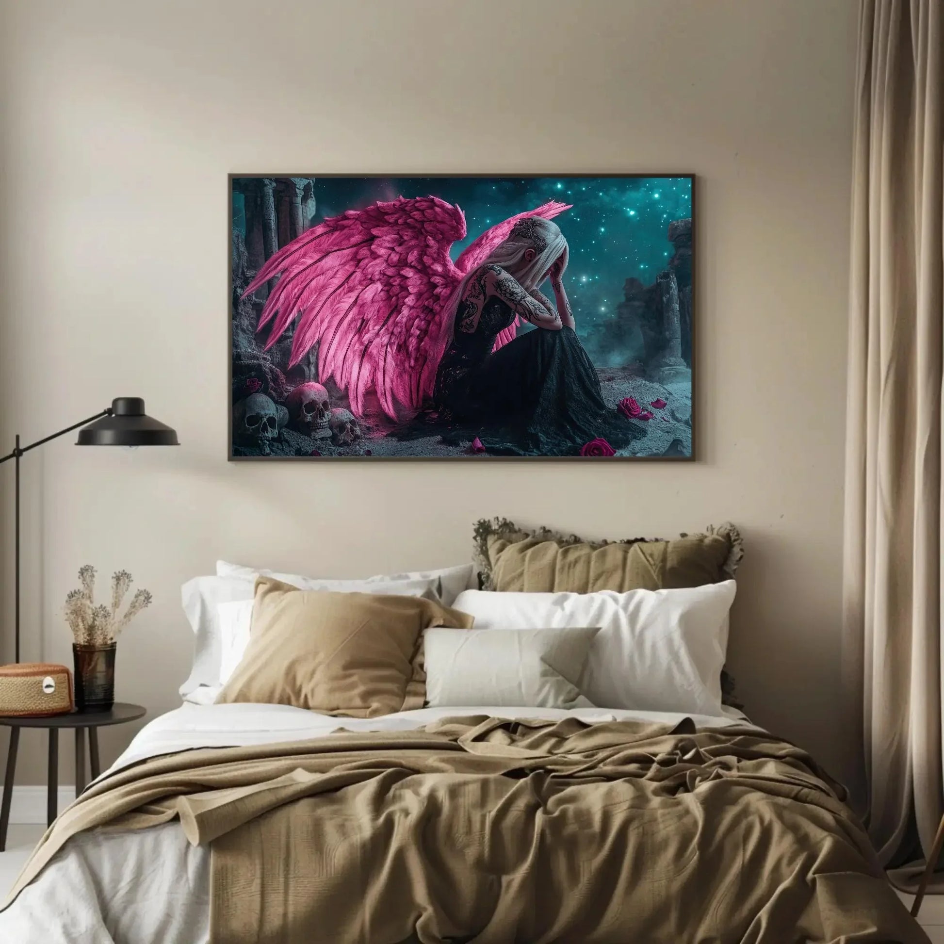 Sad Gothic Angel Canvas Print, Extra Large Pink Wing Tattoo Girl Wall Art, Emotional Fantasy Skull Decor for Alternative Bedroom or Studio Wall Art – Canvas Print
