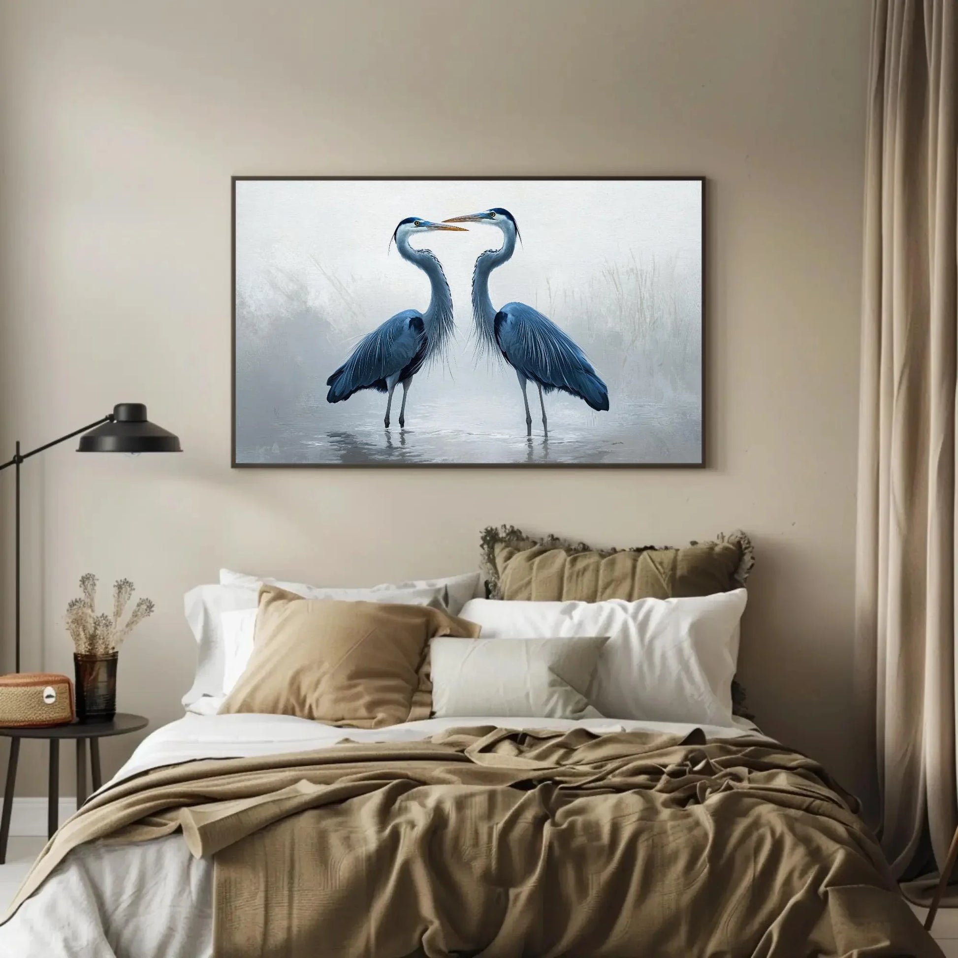 Minimalist Heron Canvas Print, Extra Large Blue Bird Wall Art, Soft Nature-Inspired Painting for Calm Living Room or Zen Interior Decor Wall Art – Canvas Print
