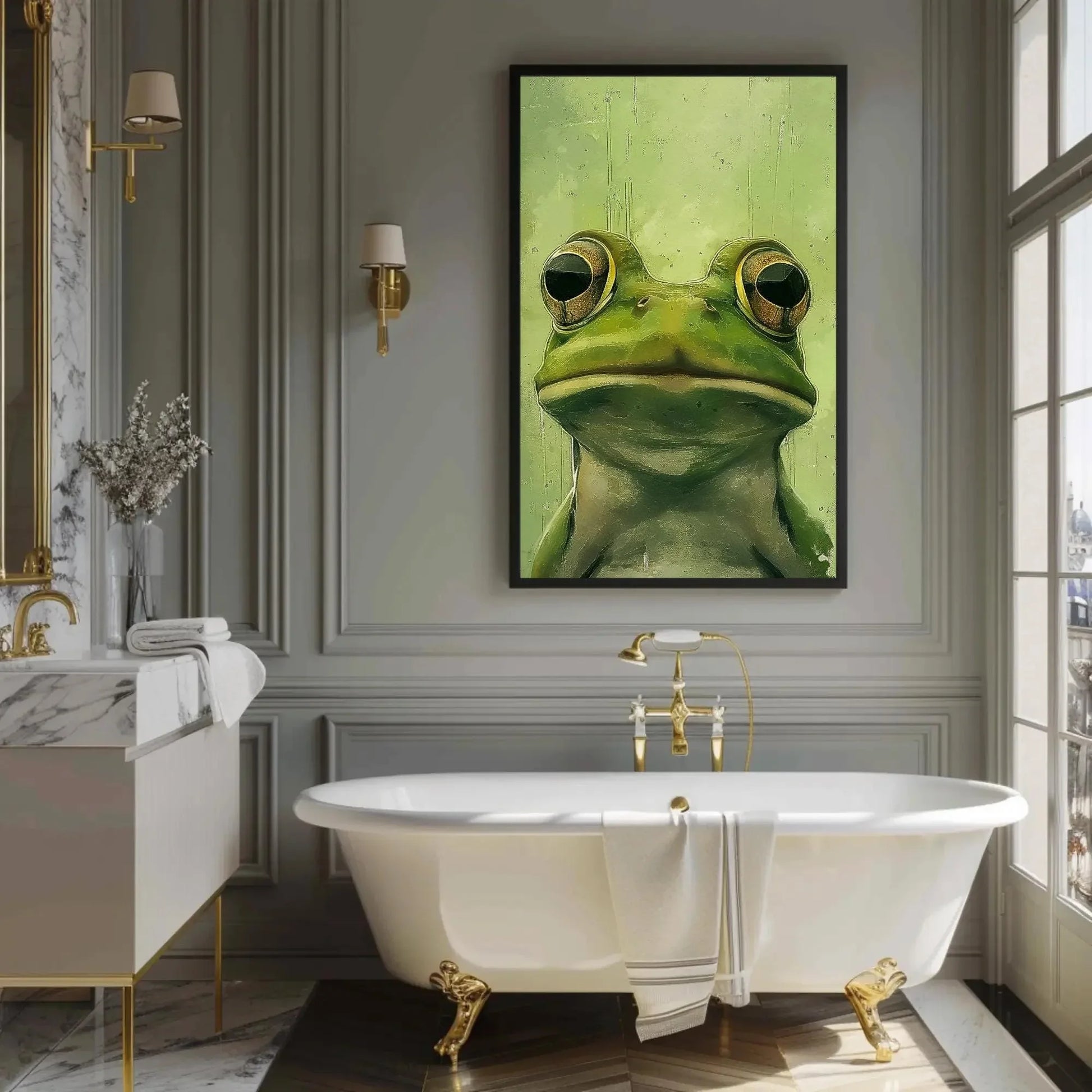 Chic Green Frog Canvas Print, Extra Large Whimsical Animal Wall Art, Modern Minimalist Decor for Bathroom, Nursery, or Nature-Themed Home Wall Art – Canvas Print