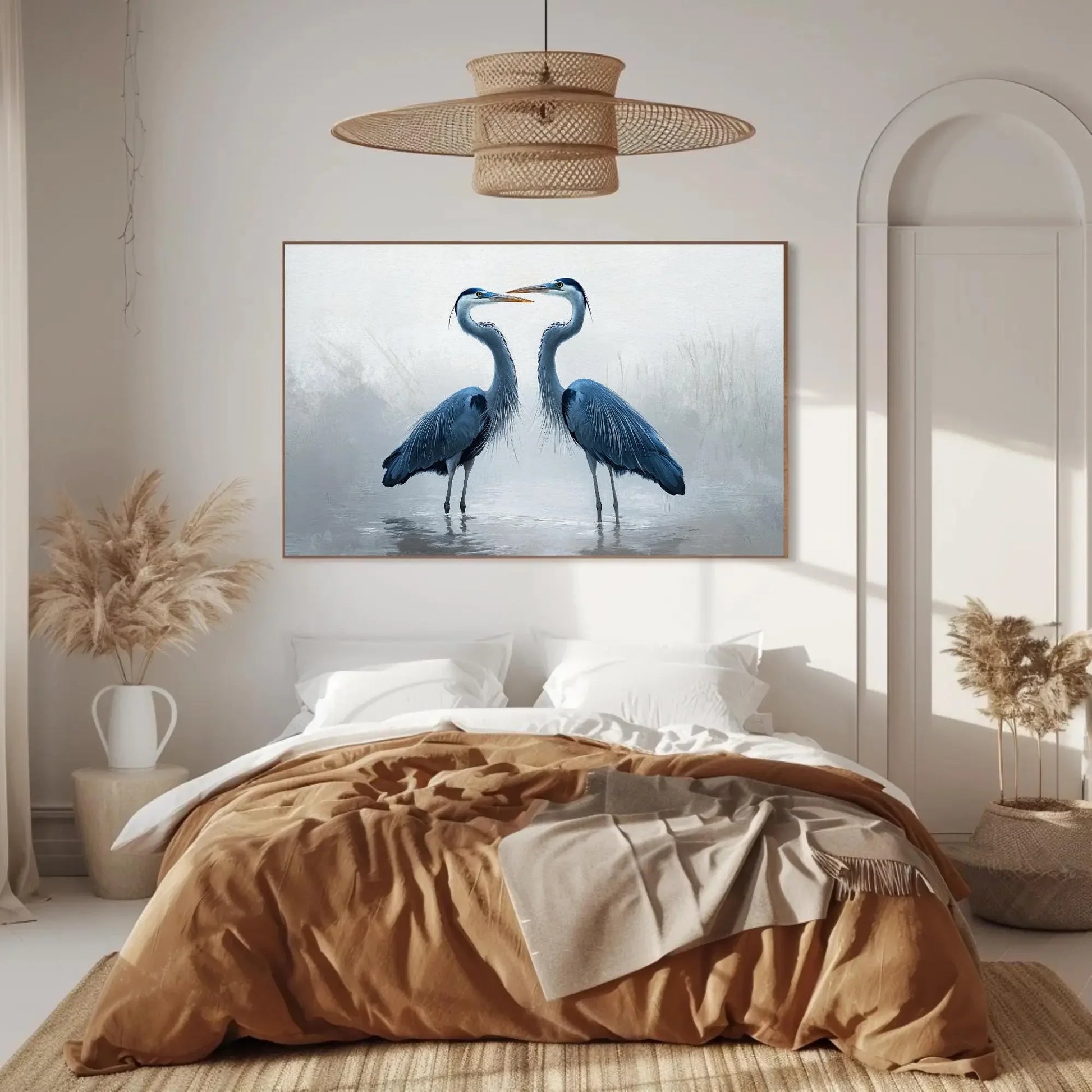 Minimalist Heron Canvas Print, Extra Large Blue Bird Wall Art, Soft Nature-Inspired Painting for Calm Living Room or Zen Interior Decor Wall Art – Canvas Print