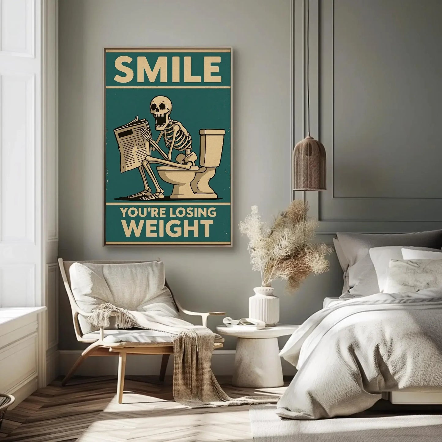 Skeleton Reading Newspaper Canvas Print, Extra Large Funny “You’re Losing Weight” Wall Art, Humorous Bathroom or Office Decor Quirky Spaces Wall Art – Canvas Print