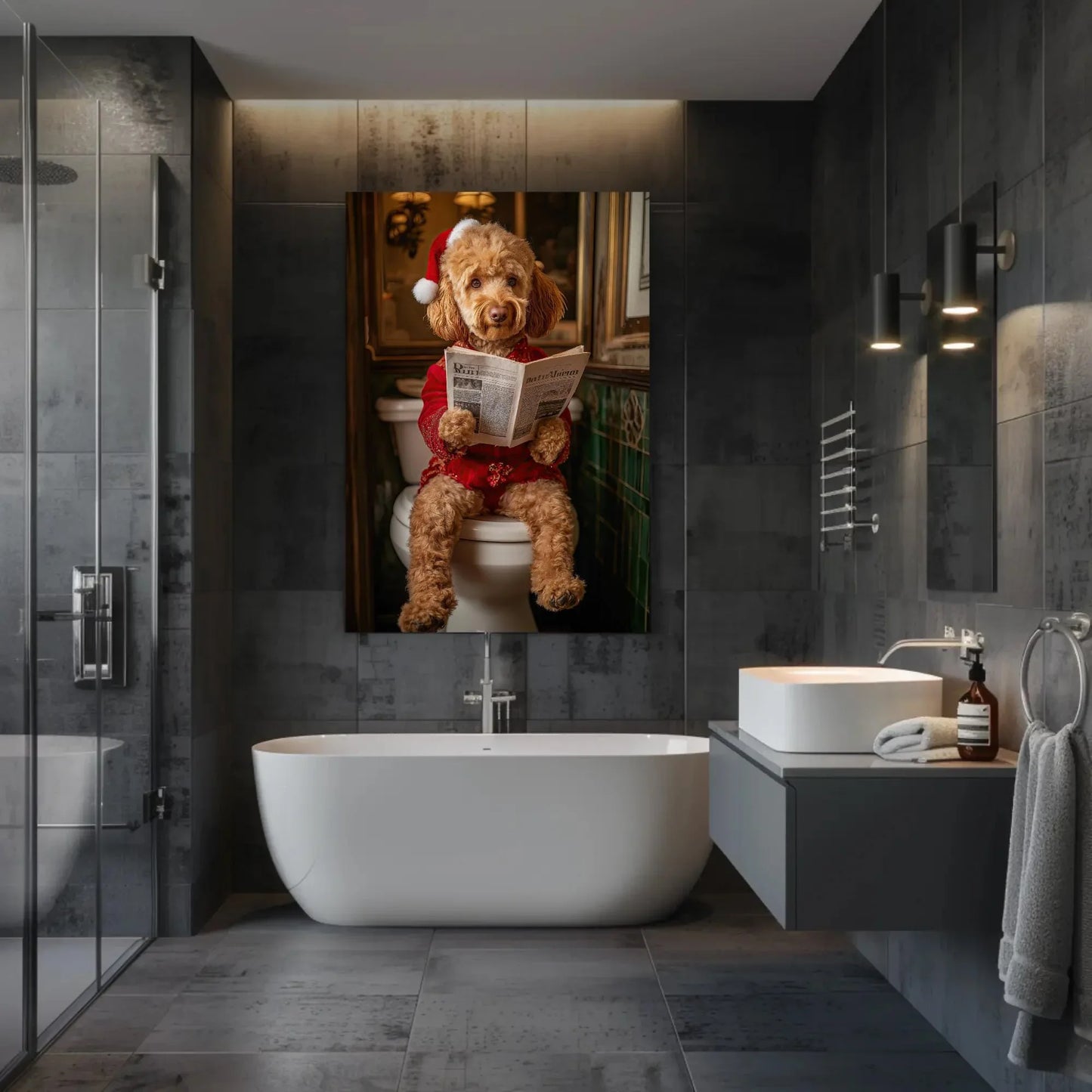 Goldendoodle in Santa Hat Reading Newspaper Canvas Print, Christmas Dog Bathroom Art, Funny Holiday Decor, Whimsical Dog Wall Art Wall Art – Canvas Print