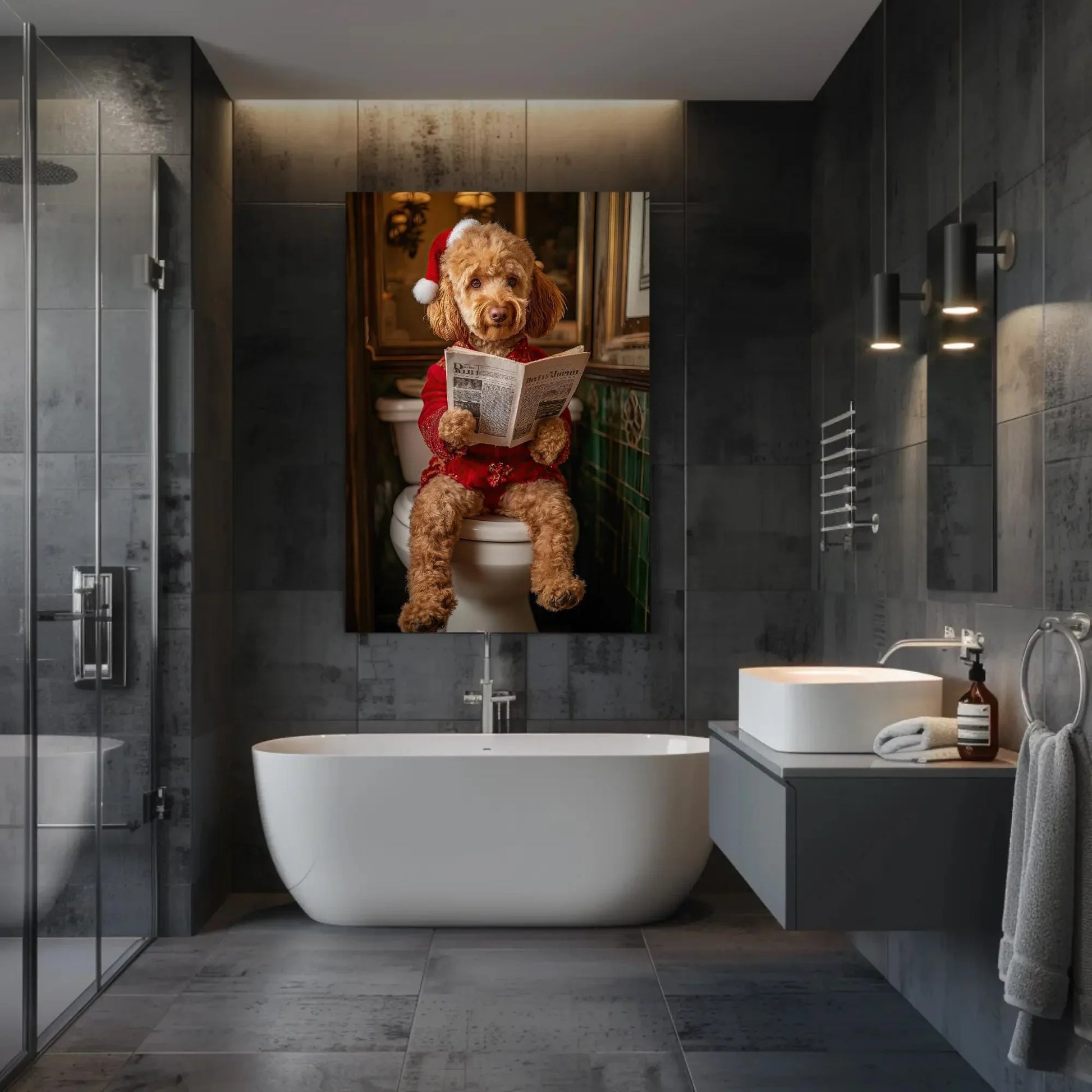 Goldendoodle in Santa Hat Reading Newspaper Canvas Print, Christmas Dog Bathroom Art, Funny Holiday Decor, Whimsical Dog Wall Art Wall Art – Canvas Print