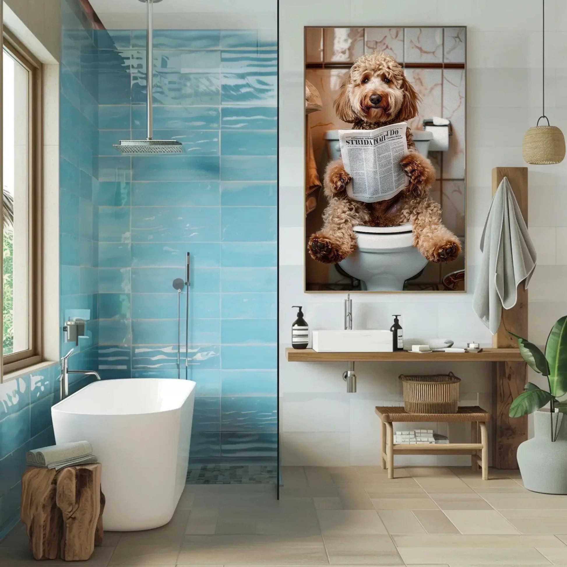 Goldendoodle dog reading newspaper on toilet canvas print - toilet humor -whimsical bathroom art - funny animal print - hq ready to hang Wall Art – Canvas Print