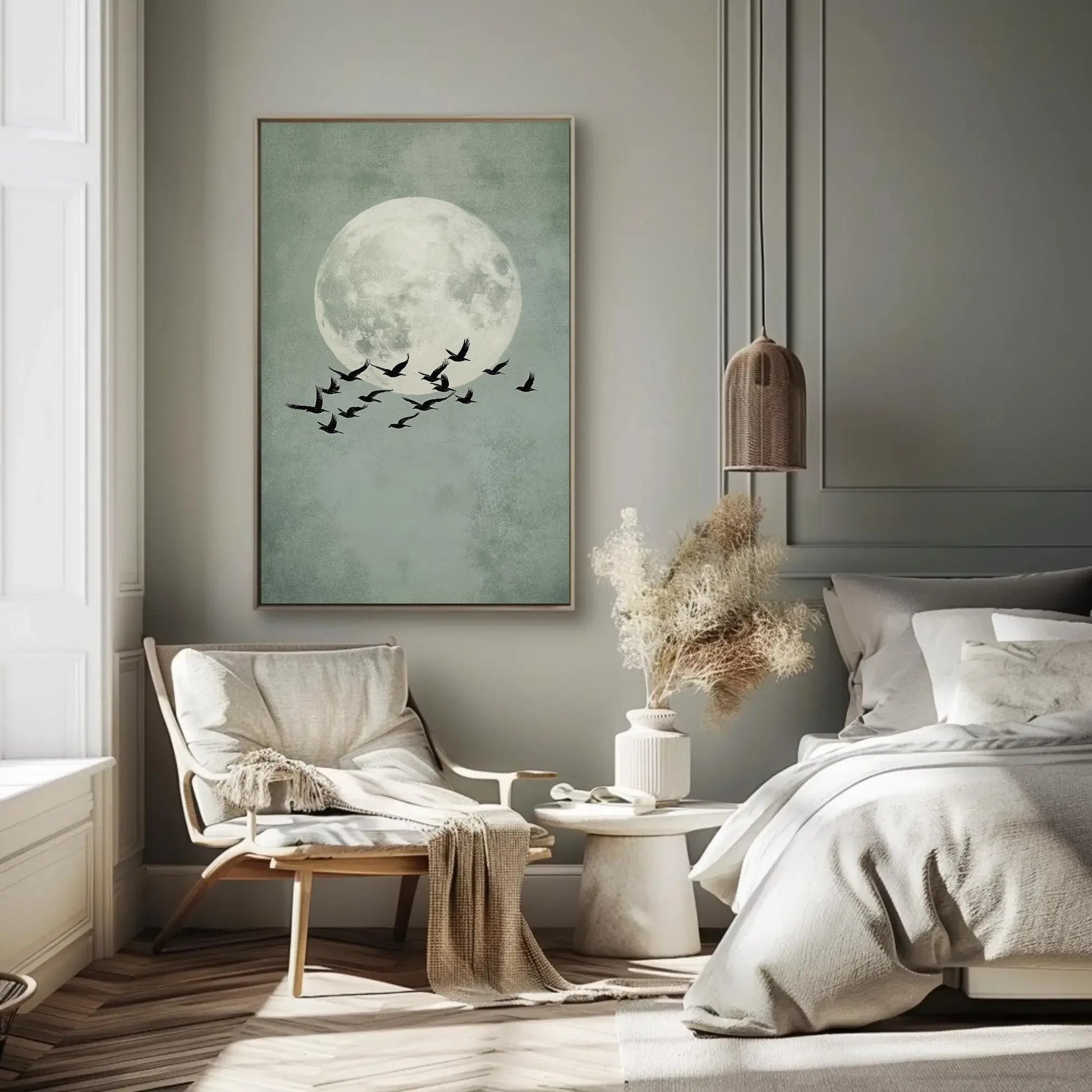 Sage Green Japandi Sun and Birds Canvas Print, Large, Abstract Wall Art, Minimalist Nature Decor for Bedroom, Office, or Zen Living Space Wall Art – Canvas Print