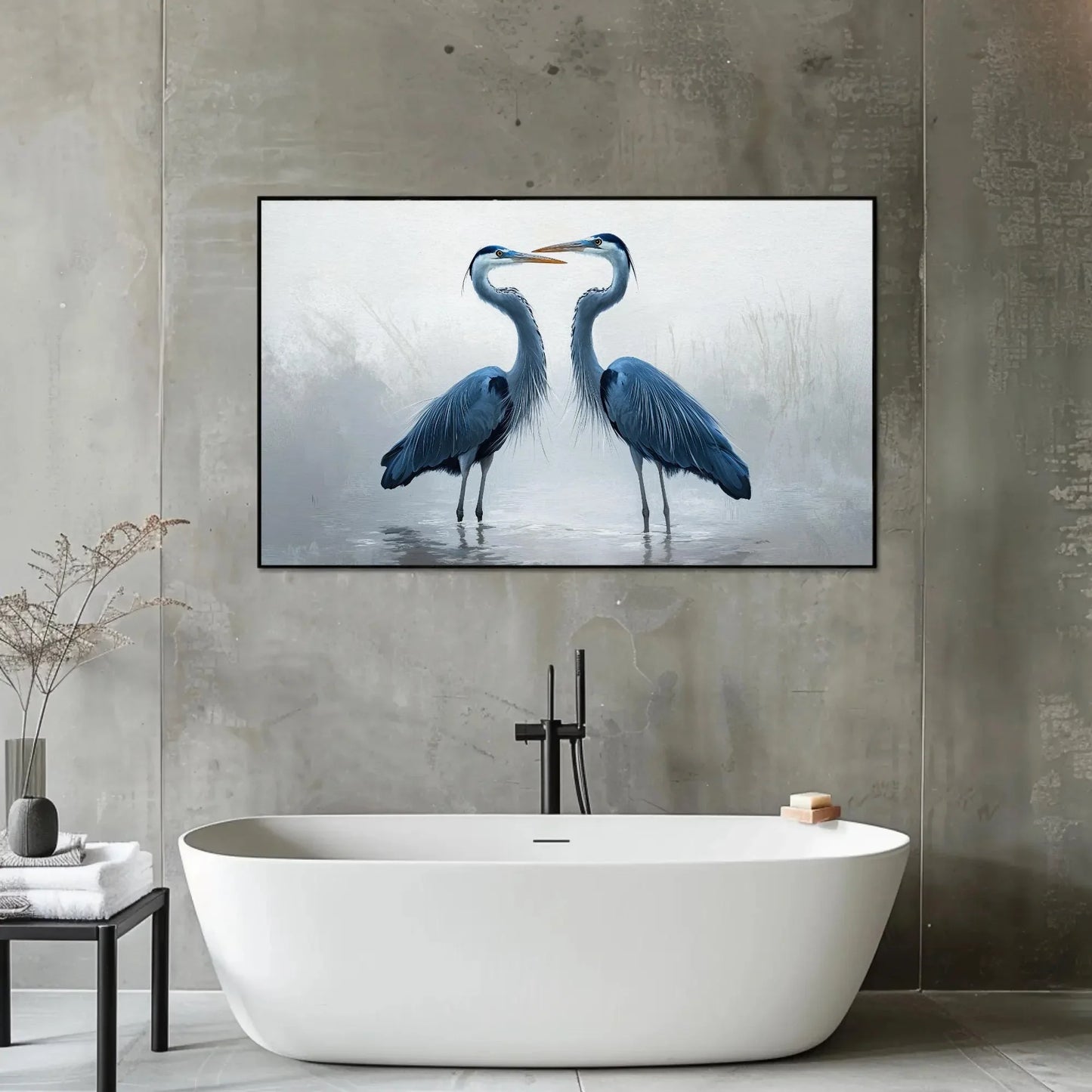 Minimalist Heron Canvas Print, Extra Large Blue Bird Wall Art, Soft Nature-Inspired Painting for Calm Living Room or Zen Interior Decor Wall Art – Canvas Print