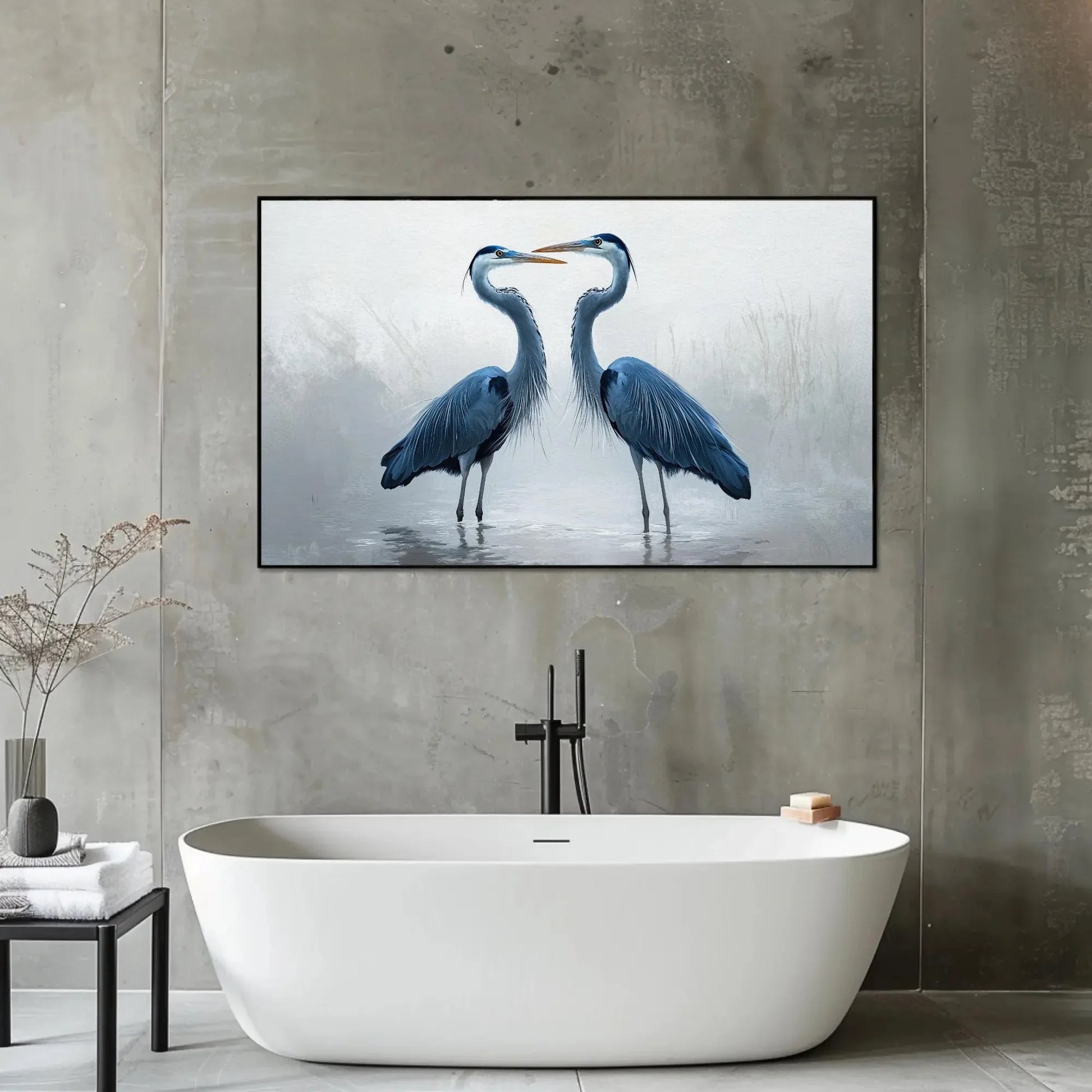 Minimalist Heron Canvas Print, Extra Large Blue Bird Wall Art, Soft Nature-Inspired Painting for Calm Living Room or Zen Interior Decor Wall Art – Canvas Print