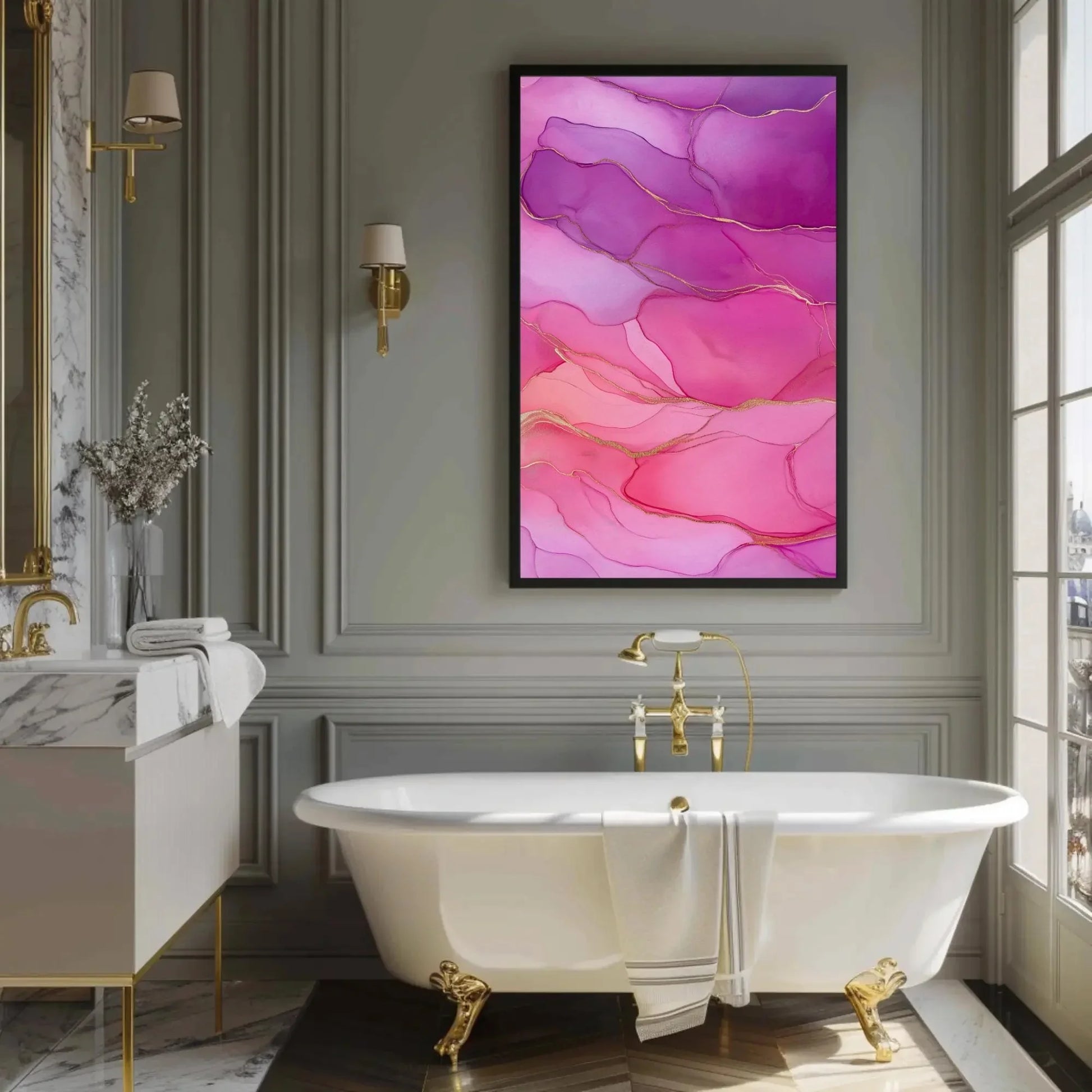 Luxury Abstract Ink Canvas Print, Extra Large Pink and Purple Wall Art with Gold Details, Glam Home Decor for Bedroom, Entryway, or Salon Wall Art – Canvas Print