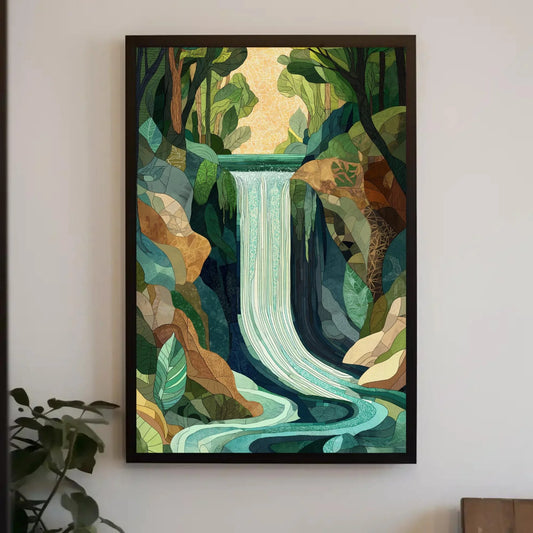 Mosaic Waterfall Landscape Canvas Print - Extra Large Nature Art - Geometric Botanical Wall Decor for Modern Jungle Home or Studio Wall Art – Canvas Print