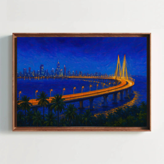 Mumbai Skyline at Night Sea Link Bridge Canvas Print, Vibrant City Lights Painting, Urban Seascape Wall Art, Modern Coastal Home Decor Wall Art – Canvas Print