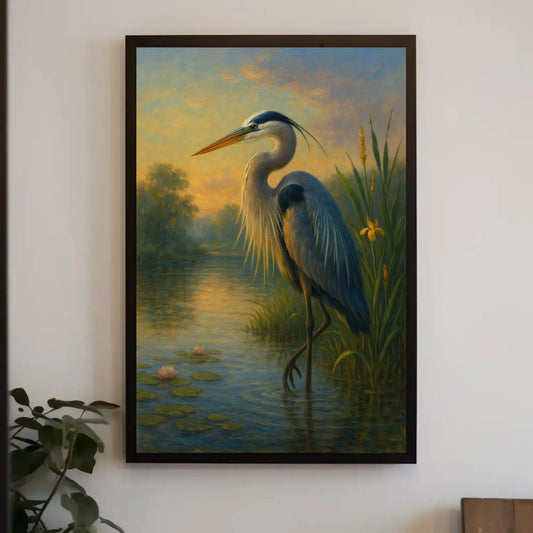 Great blue heron painting in tranquil wetlands at sunset nature bird wall art print wildlife landscape canvas serene decor Wall Art – Canvas Print