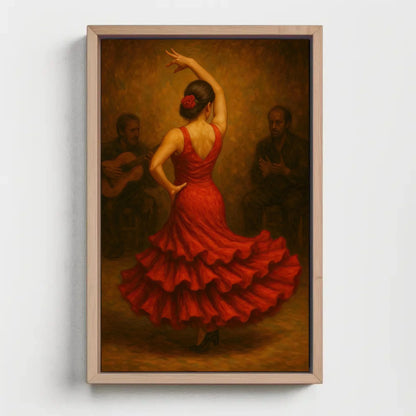 Fiery Flamenco Dancer in Red Dress Back View Oil Painting | Passionate Spanish Traditional Dance Pose Wall Art for Dramatic Home Decor Wall Art – Canvas Print