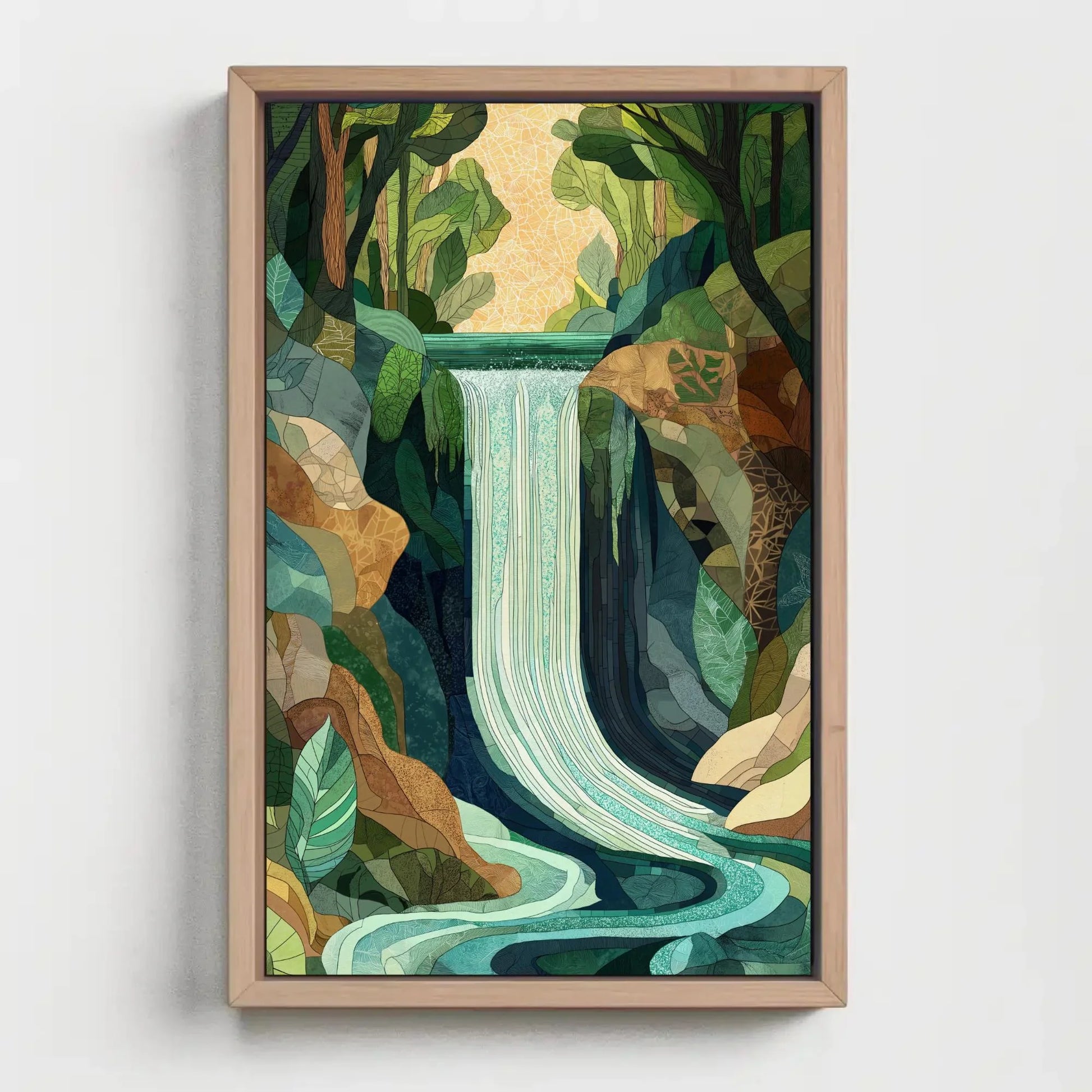 Mosaic Waterfall Landscape Canvas Print - Extra Large Nature Art - Geometric Botanical Wall Decor for Modern Jungle Home or Studio Wall Art – Canvas Print