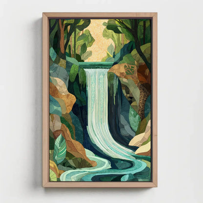 Mosaic Waterfall Landscape Canvas Print - Extra Large Nature Art - Geometric Botanical Wall Decor for Modern Jungle Home or Studio Wall Art – Canvas Print