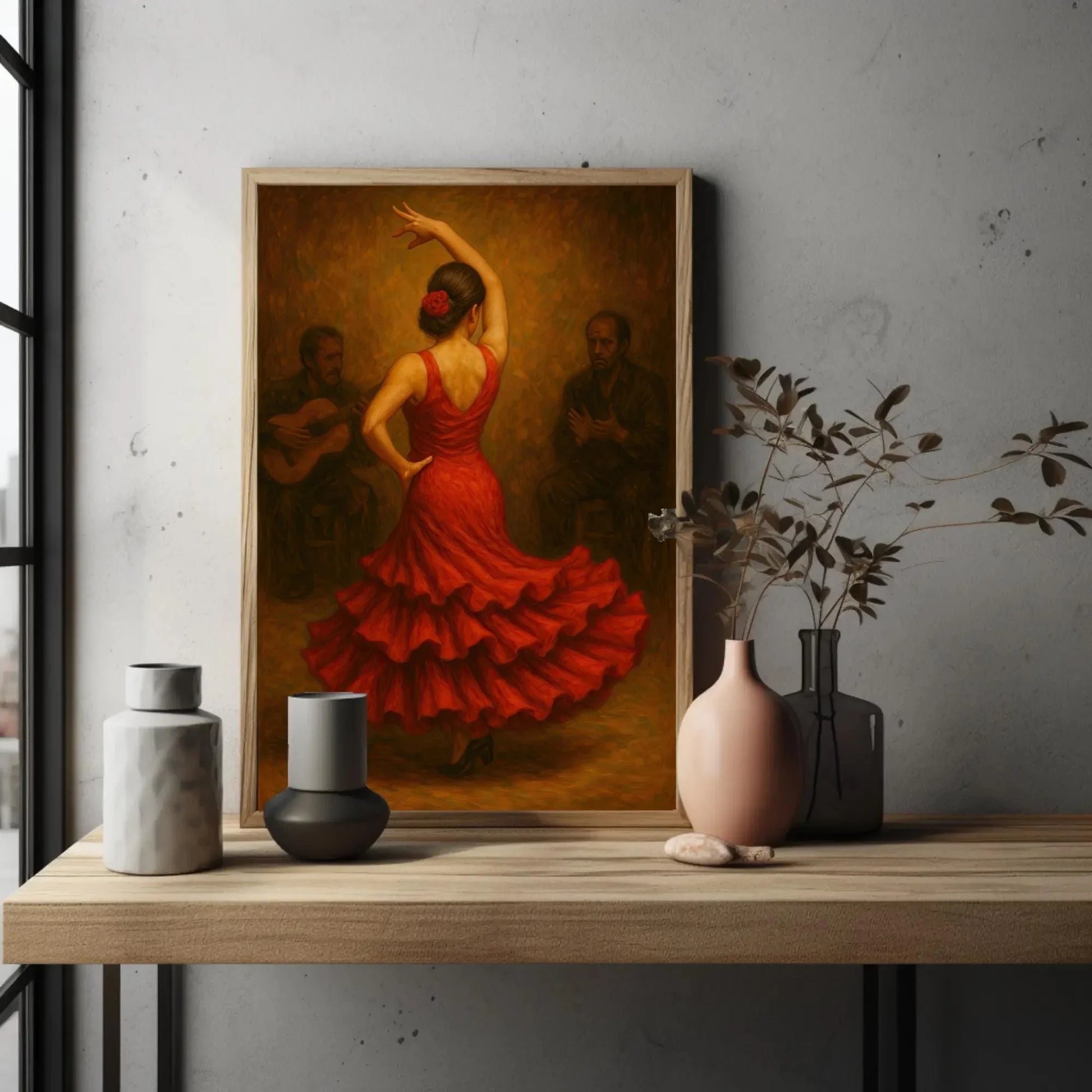 Fiery Flamenco Dancer in Red Dress Back View Oil Painting | Passionate Spanish Traditional Dance Pose Wall Art for Dramatic Home Decor Wall Art – Canvas Print