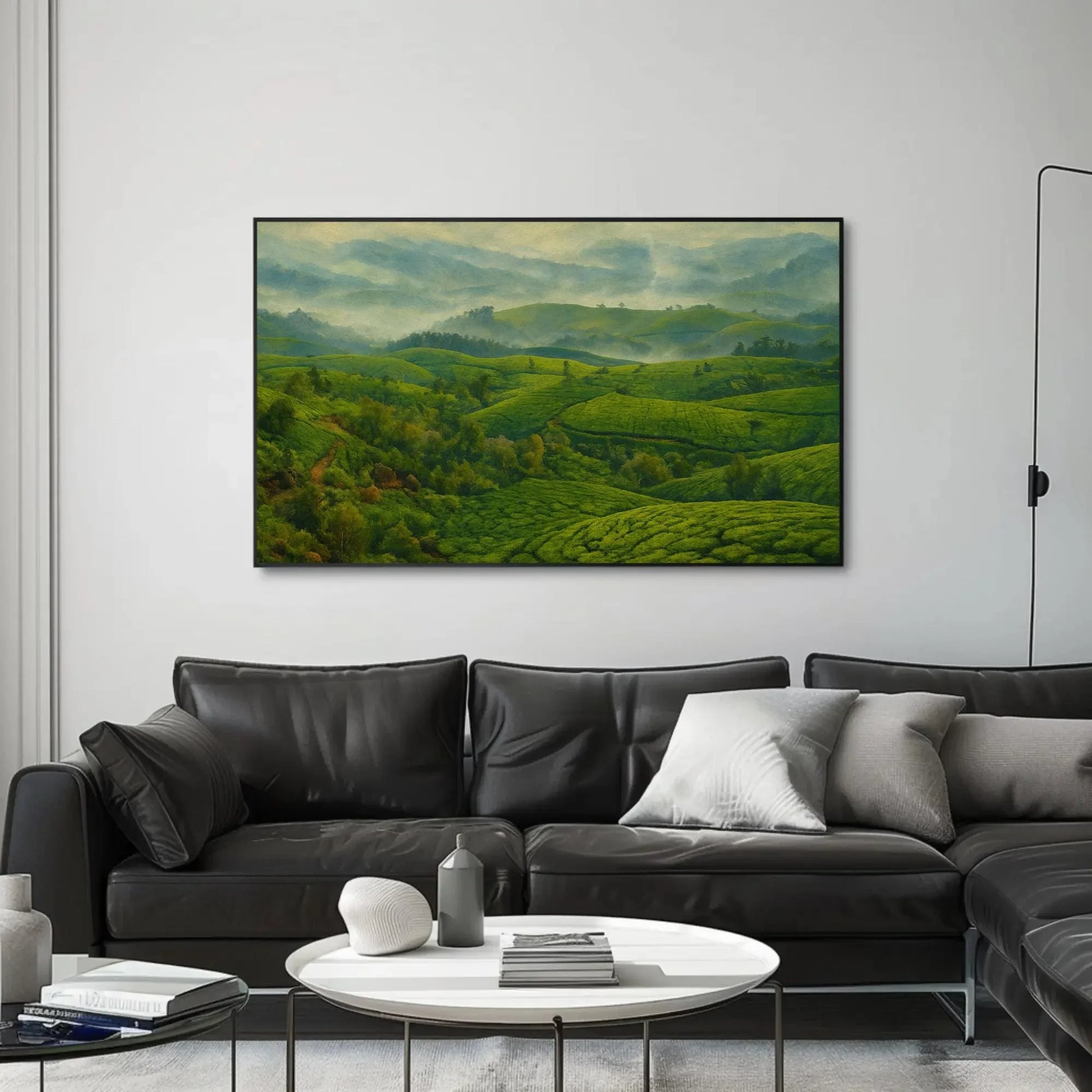 Misty Morning Munnar Tea Plantations Canvas Print, Serene Green Landscape Painting, Peaceful Nature Wall Art, Refreshing Botanical Decor Wall Art – Canvas Print