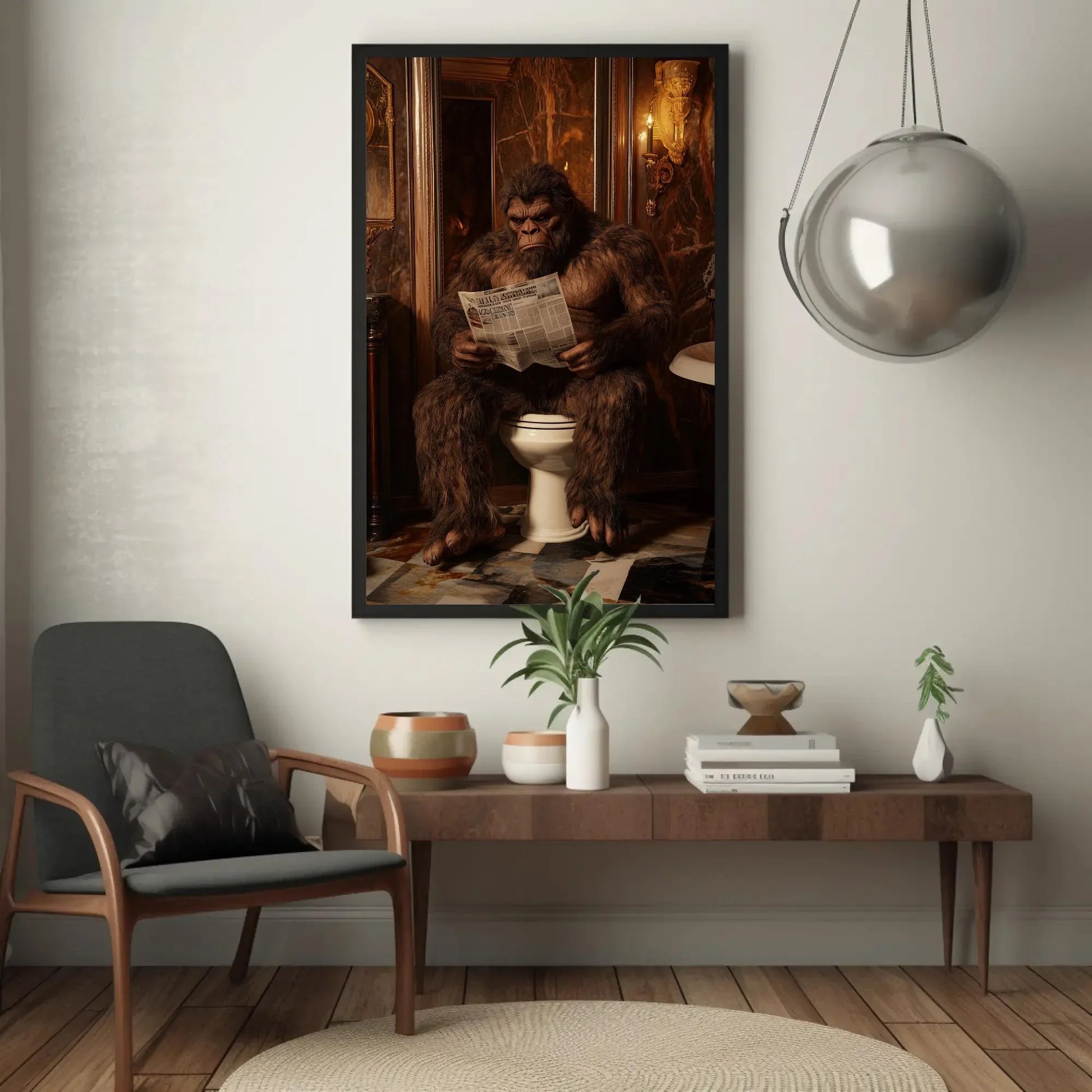 Bigfoot on Luxury Toilet Reading Newspaper Canvas Print, Funny Bathroom Art, Humorous Bigfoot Wall Decor, Quirky Restroom Decor Wall Art – Canvas Print