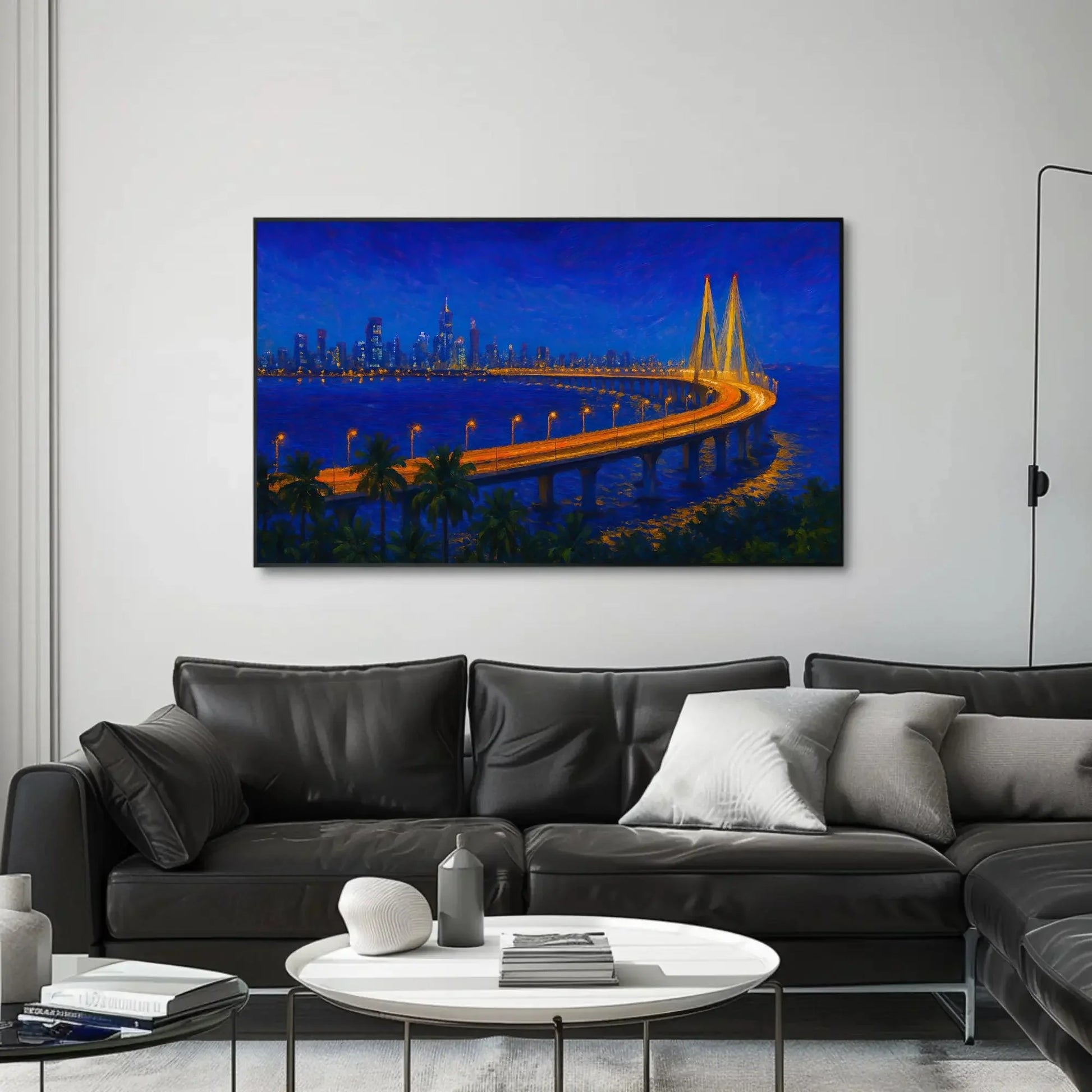 Mumbai Skyline at Night Sea Link Bridge Canvas Print, Vibrant City Lights Painting, Urban Seascape Wall Art, Modern Coastal Home Decor Wall Art – Canvas Print