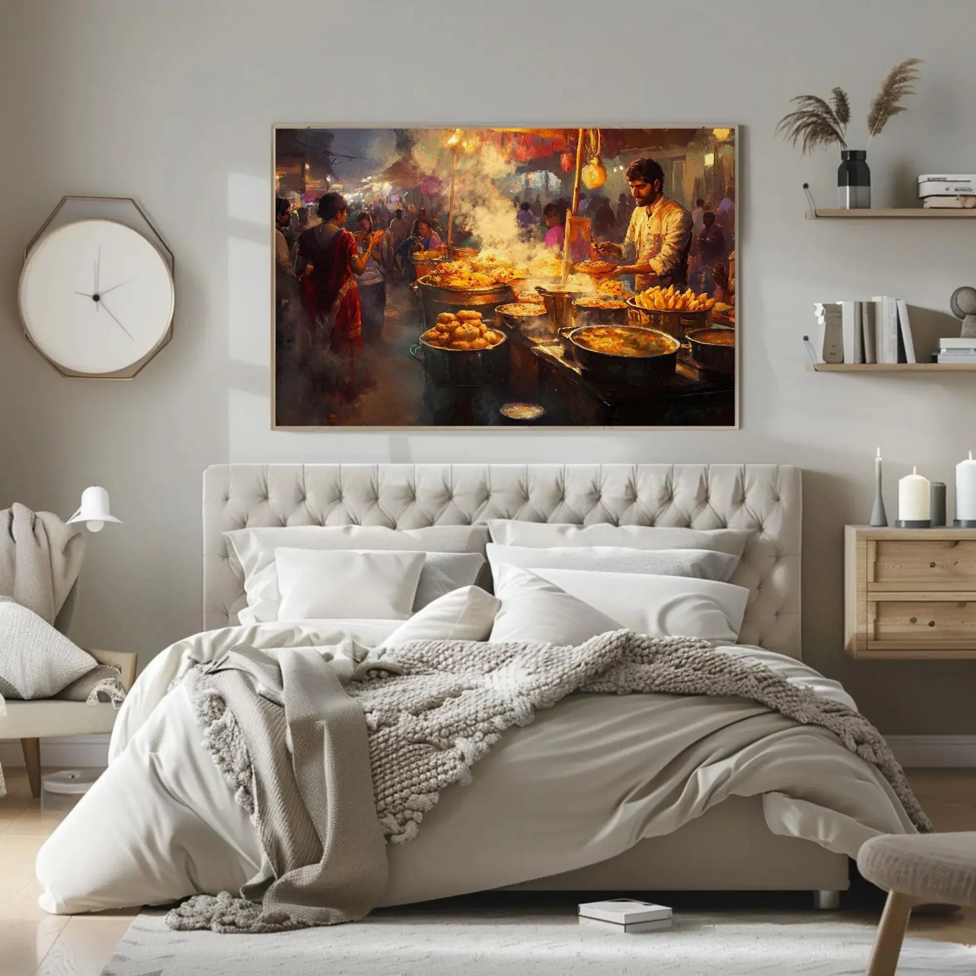 Indian Street Food Market Scene Canvas Print | Vibrant Chaat Wall Art | Cultural Indian Painting for Kitchen or Dining Room | Ready to Hang Wall Art – Canvas Print