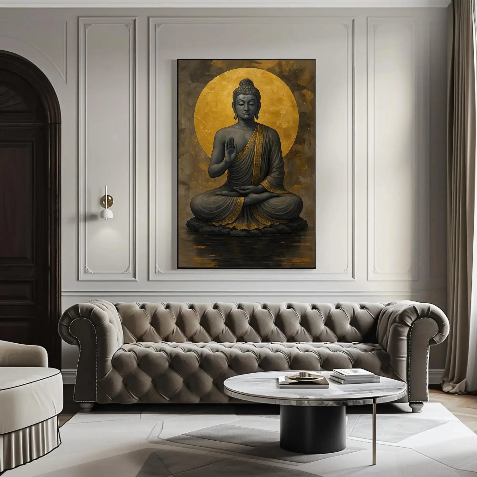 Golden Buddha Meditation Wall Art – Peaceful Zen Canvas Print for Living Room, Yoga Studio, or Spiritual Wellness Decor Wall Art – Canvas Print