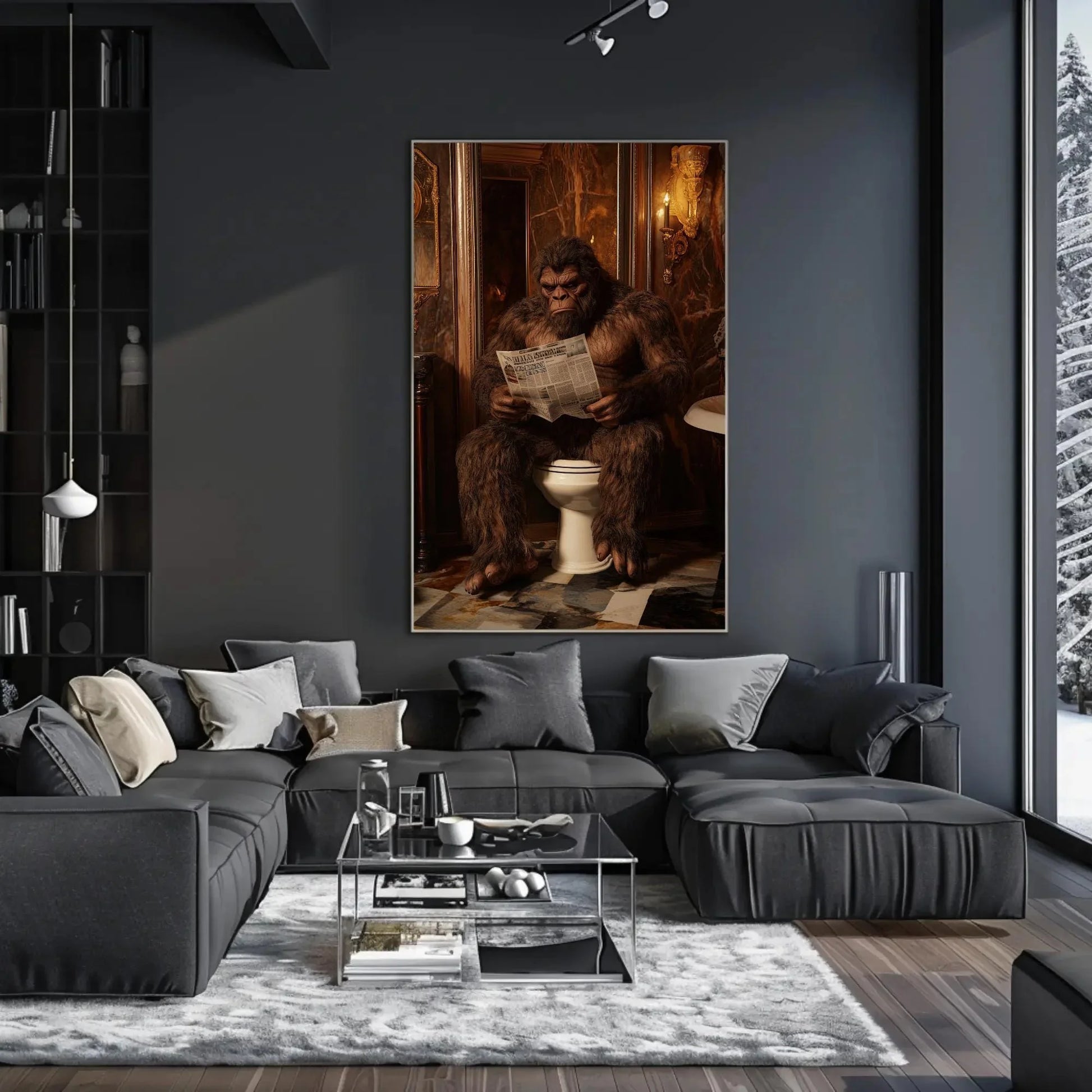 Bigfoot on Luxury Toilet Reading Newspaper Canvas Print, Funny Bathroom Art, Humorous Bigfoot Wall Decor, Quirky Restroom Decor Wall Art – Canvas Print