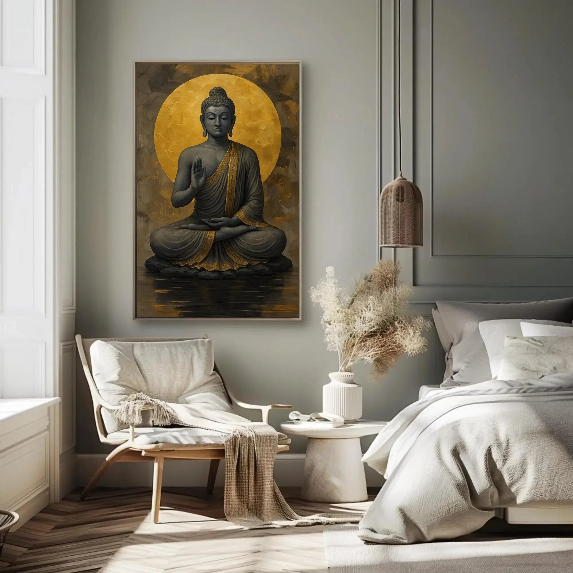 Golden Buddha Meditation Wall Art – Peaceful Zen Canvas Print for Living Room, Yoga Studio, or Spiritual Wellness Decor Wall Art – Canvas Print