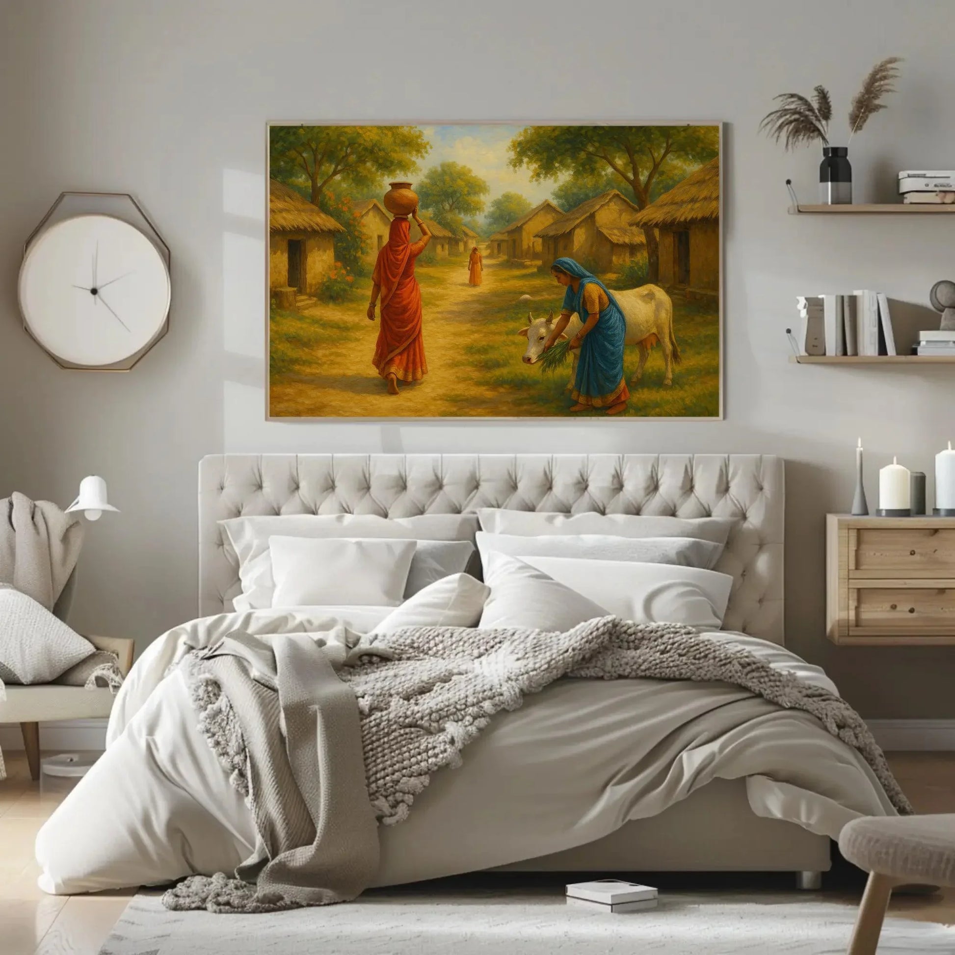 Peaceful Indian village life art featuring women in sarees, thatched huts, and cow feeding scene, rustic rural India wall print Wall Art – Canvas Print