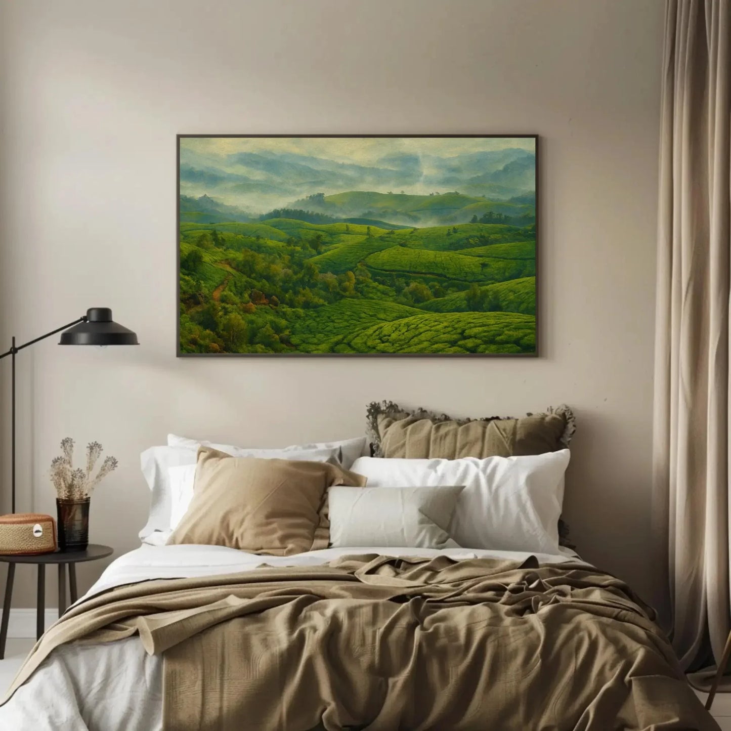 Misty Morning Munnar Tea Plantations Canvas Print, Serene Green Landscape Painting, Peaceful Nature Wall Art, Refreshing Botanical Decor Wall Art – Canvas Print