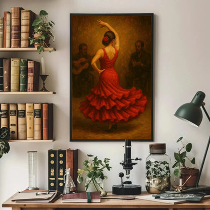 Fiery Flamenco Dancer in Red Dress Back View Oil Painting | Passionate Spanish Traditional Dance Pose Wall Art for Dramatic Home Decor Wall Art – Canvas Print