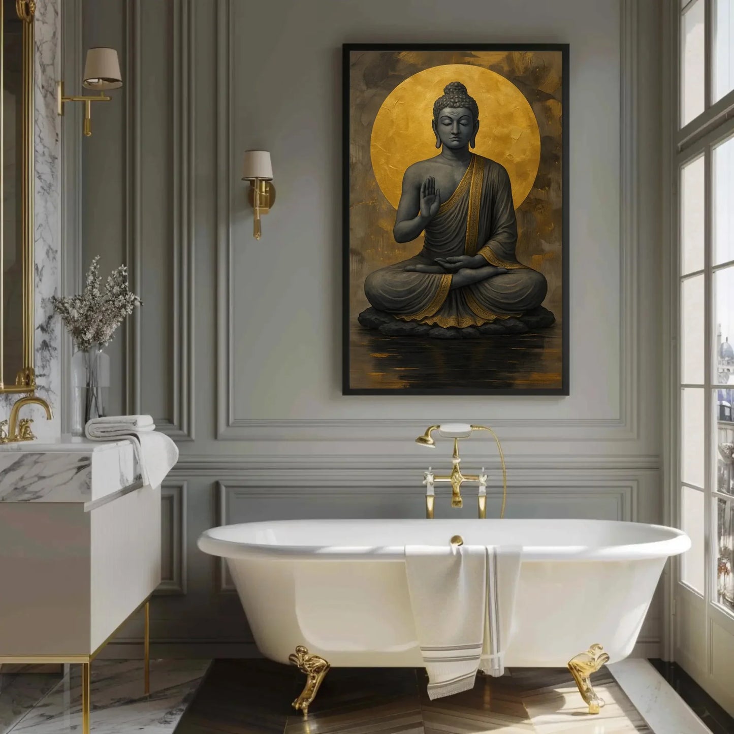 Golden Buddha Meditation Wall Art – Peaceful Zen Canvas Print for Living Room, Yoga Studio, or Spiritual Wellness Decor Wall Art – Canvas Print