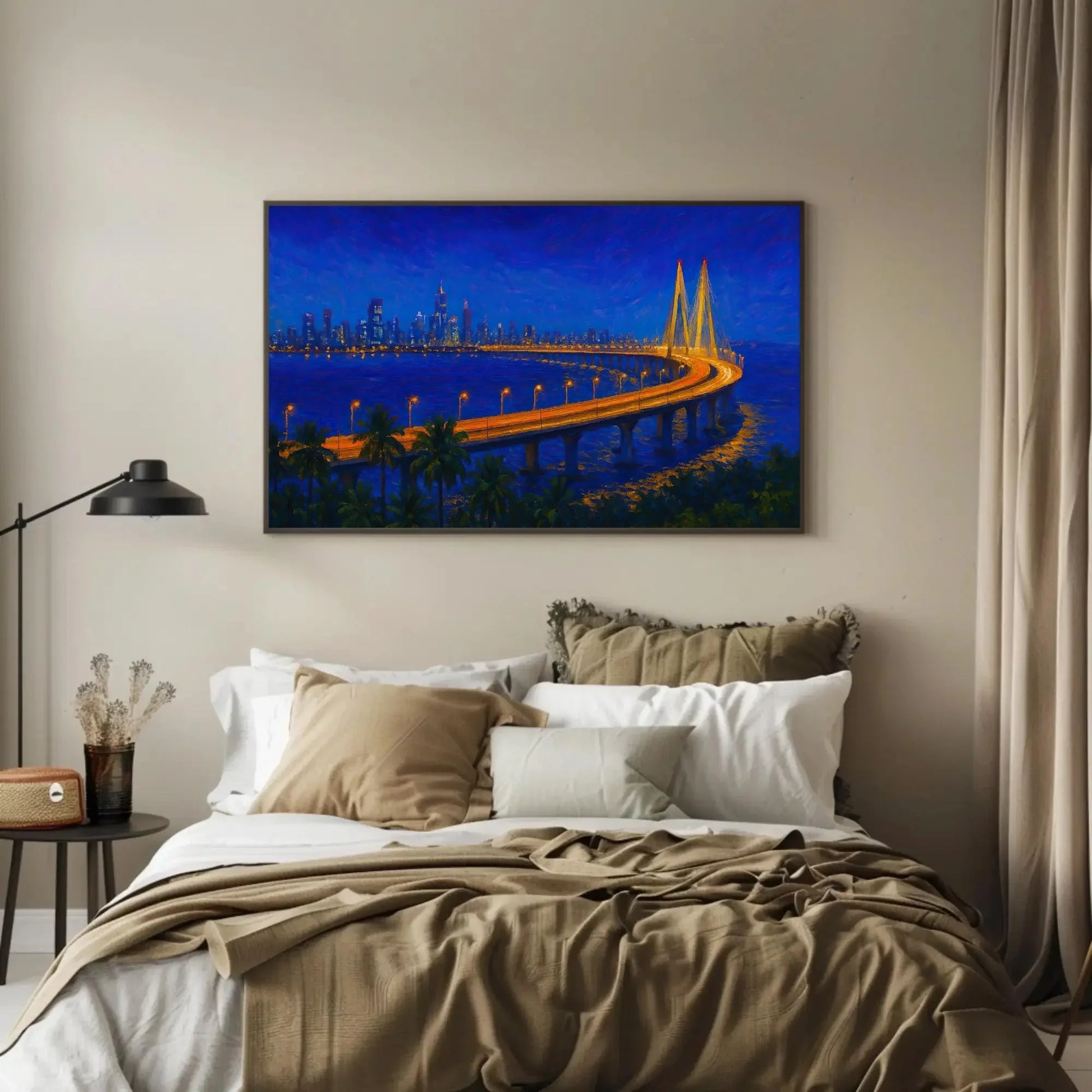 Mumbai Skyline at Night Sea Link Bridge Canvas Print, Vibrant City Lights Painting, Urban Seascape Wall Art, Modern Coastal Home Decor Wall Art – Canvas Print