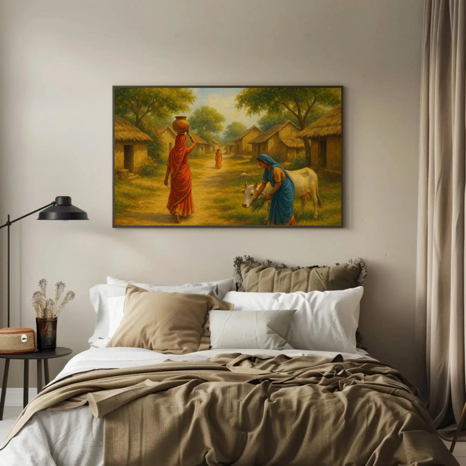 Peaceful Indian village life art featuring women in sarees, thatched huts, and cow feeding scene, rustic rural India wall print Wall Art – Canvas Print
