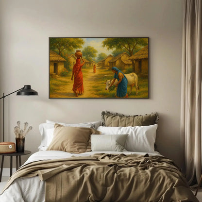 Peaceful Indian village life art featuring women in sarees, thatched huts, and cow feeding scene, rustic rural India wall print Wall Art – Canvas Print