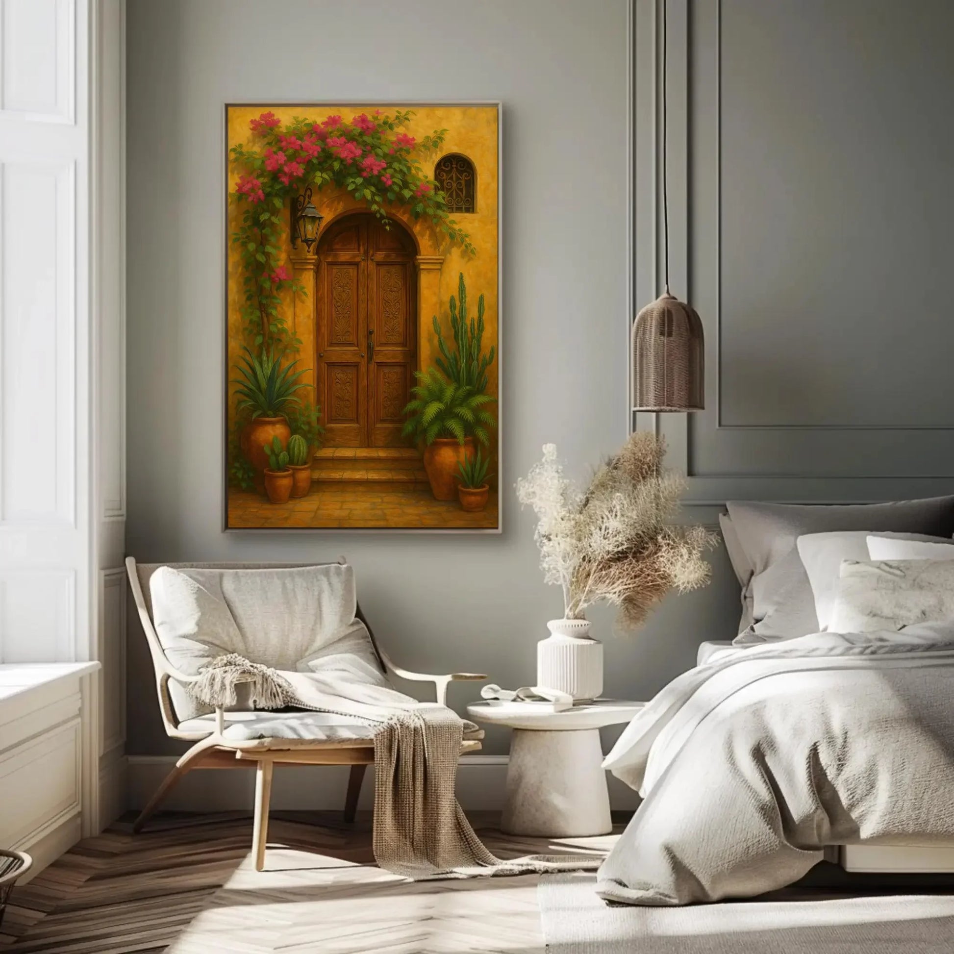Mexican colonial doorway wall art print rustic terracotta house entrance decor with flowers plants clay pots traditional architecture Wall Art – Canvas Print