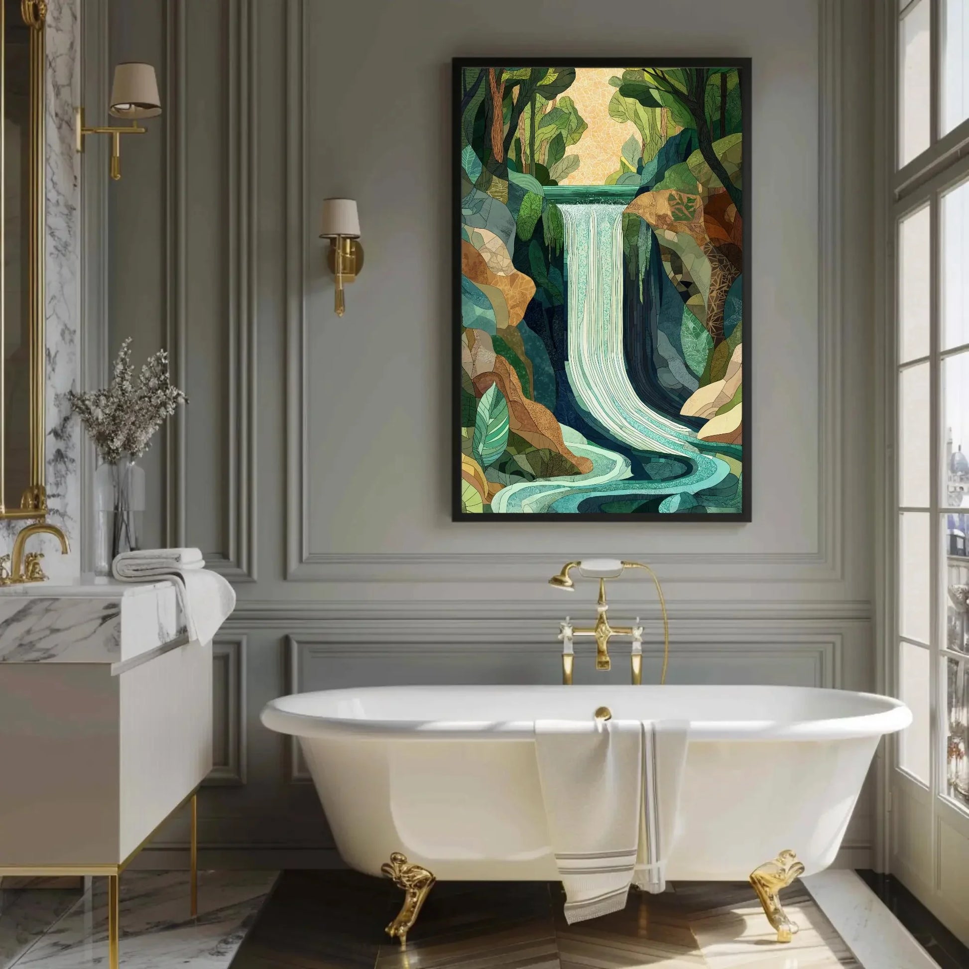 Mosaic Waterfall Landscape Canvas Print - Extra Large Nature Art - Geometric Botanical Wall Decor for Modern Jungle Home or Studio Wall Art – Canvas Print
