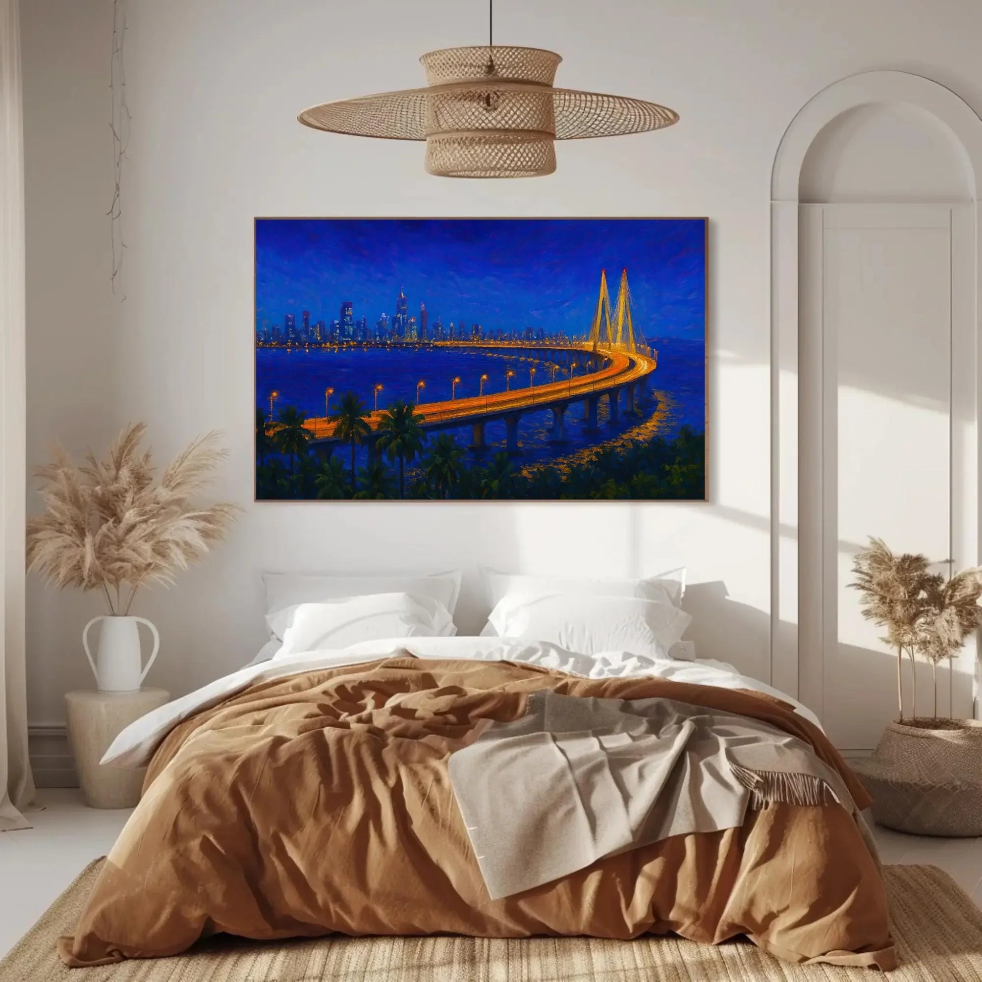 Mumbai Skyline at Night Sea Link Bridge Canvas Print, Vibrant City Lights Painting, Urban Seascape Wall Art, Modern Coastal Home Decor Wall Art – Canvas Print