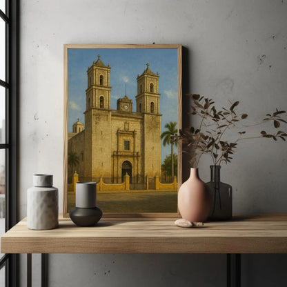Valladolid Yucatán Colonial Mexican church canvas print architecture wall art historic landmark painting cultural travel decor Wall Art – Canvas Print