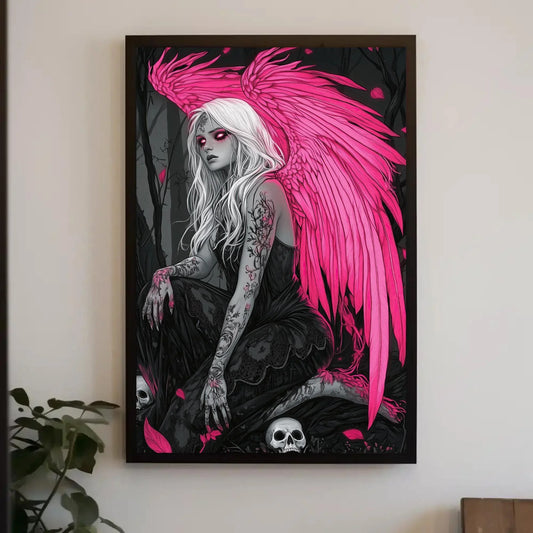 Gothic Angel with Skulls Canvas Print, Extra Large Pink Wings Fantasy Art, Dark Feminine Wall Decor for Gothic Bedroom or Tattoo Studio Wall Art – Canvas Print