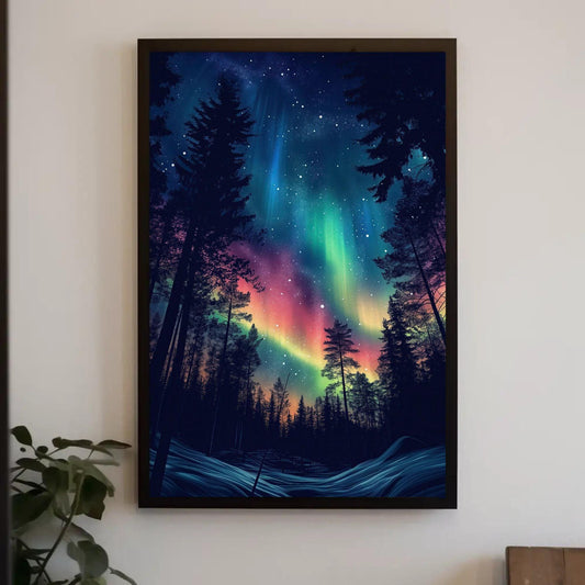 Aurora Borealis Forest Northern Lights Canvas Painting, Framed Print, Cabin and Nature Decor, Ready to Hang, For Living Room or Bedroom Wall Art – Canvas Print