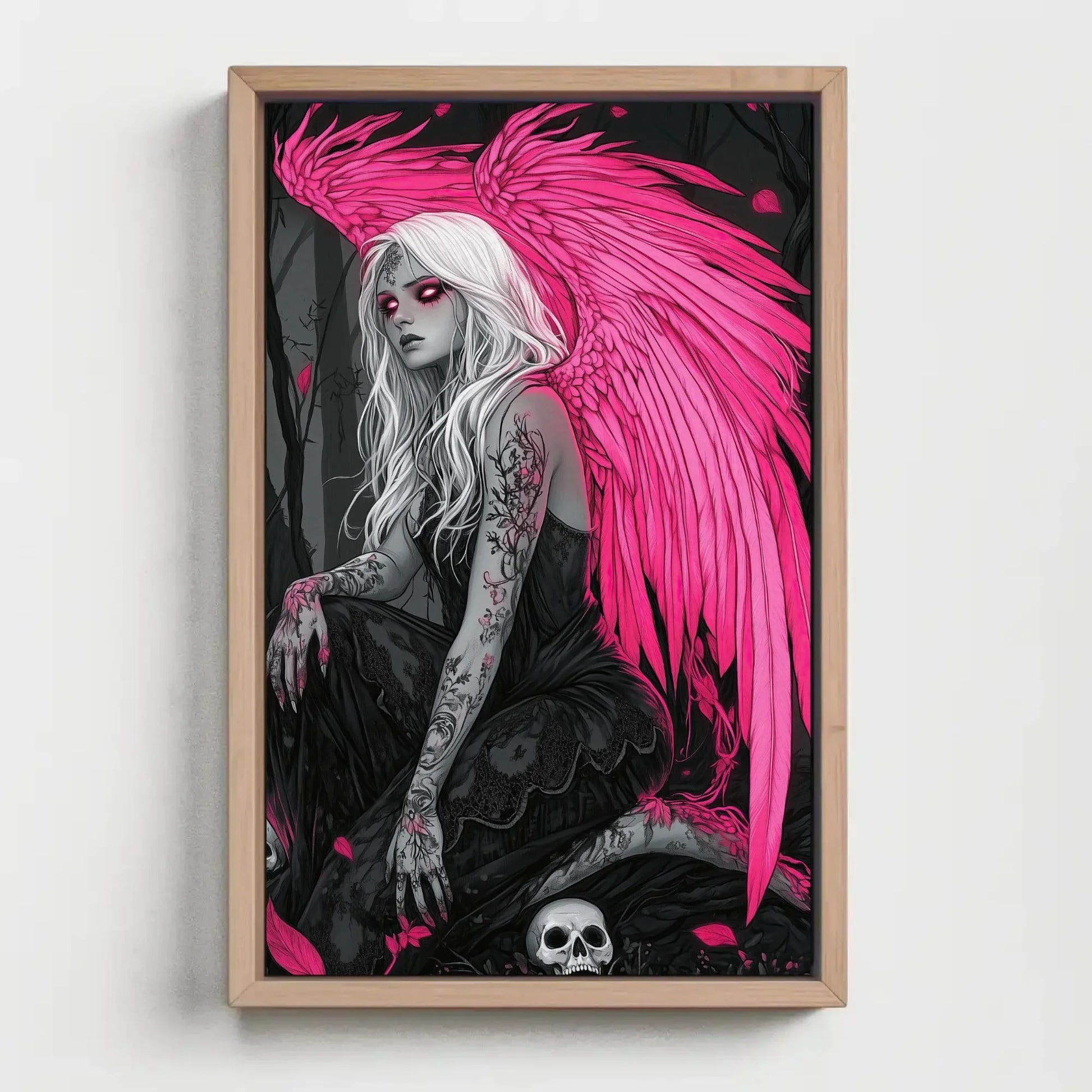 Gothic Angel with Skulls Canvas Print, Extra Large Pink Wings Fantasy Art, Dark Feminine Wall Decor for Gothic Bedroom or Tattoo Studio Wall Art – Canvas Print