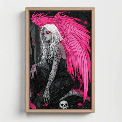 Gothic Angel with Skulls Canvas Print, Extra Large Pink Wings Fantasy Art, Dark Feminine Wall Decor for Gothic Bedroom or Tattoo Studio Wall Art – Canvas Print