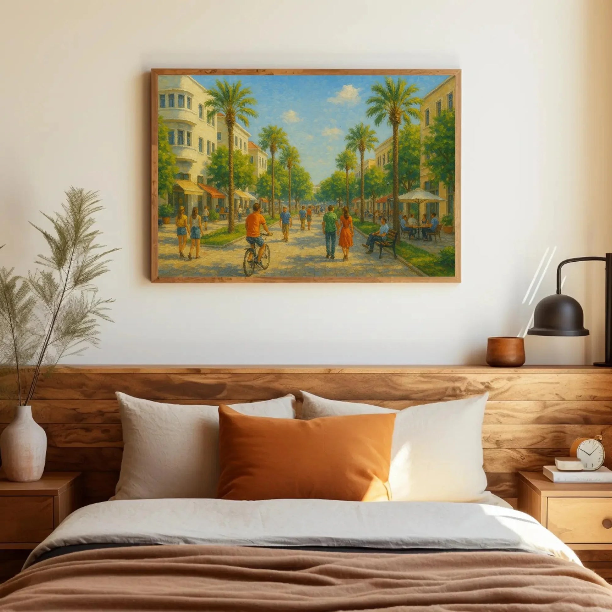 Israel palm street canvas print sunny modern city painting Middle Eastern art for home decor romantic warm tone landscape Wall Art – Canvas Print