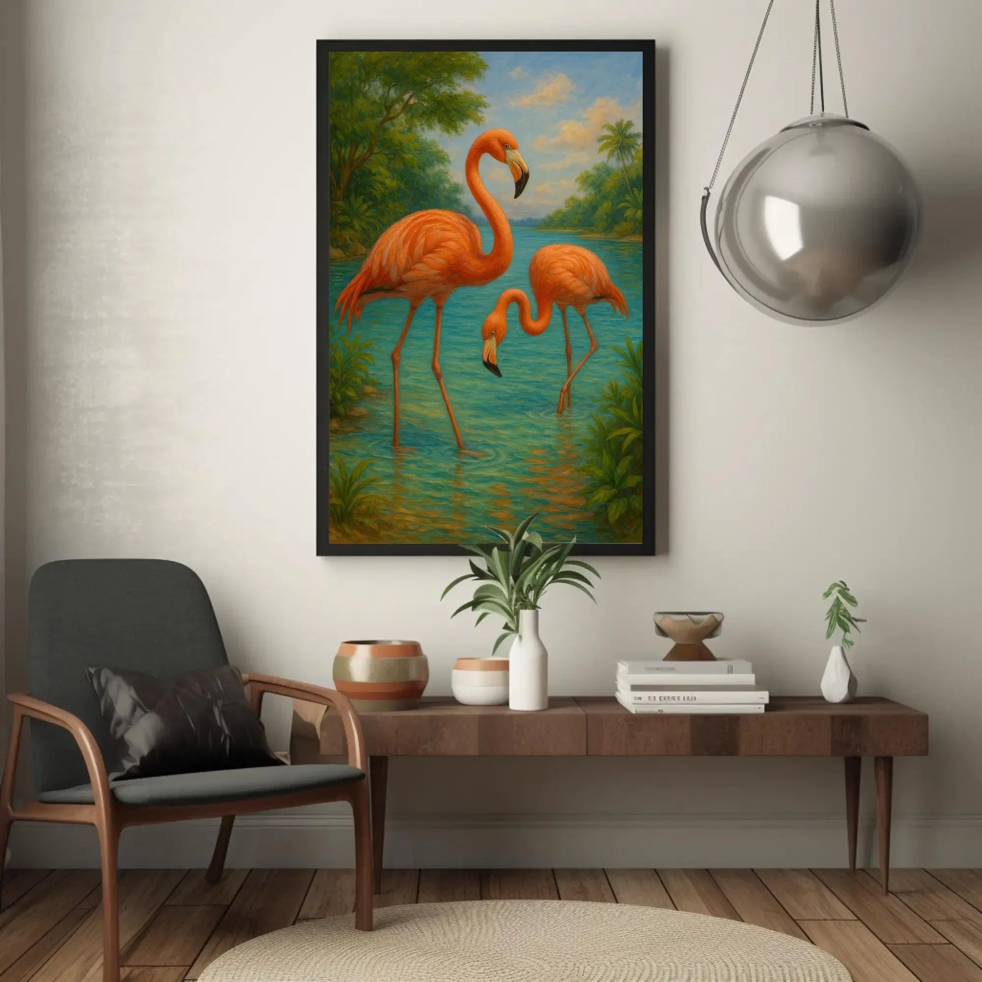 Pink flamingos tropical bird painting exotic jungle lake wildlife wall decor Caribbean summer canvas print paradise vibes Wall Art – Canvas Print