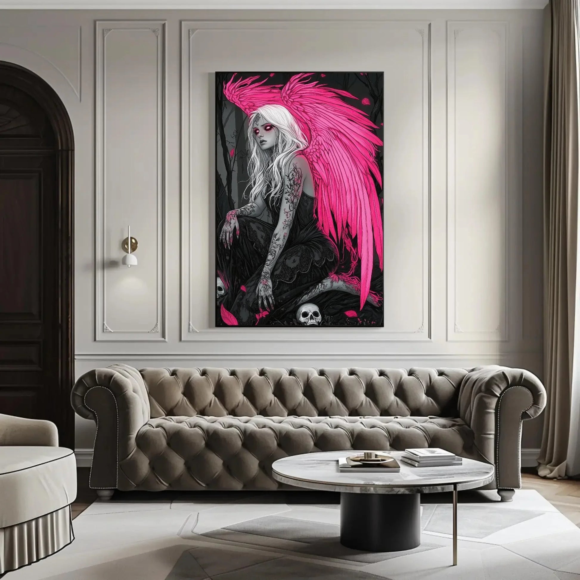 Gothic Angel with Skulls Canvas Print, Extra Large Pink Wings Fantasy Art, Dark Feminine Wall Decor for Gothic Bedroom or Tattoo Studio Wall Art – Canvas Print